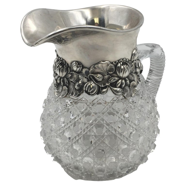 Gorham Sterling Silver and Glass Pitcher Vase in Art Nouveau Style For Sale