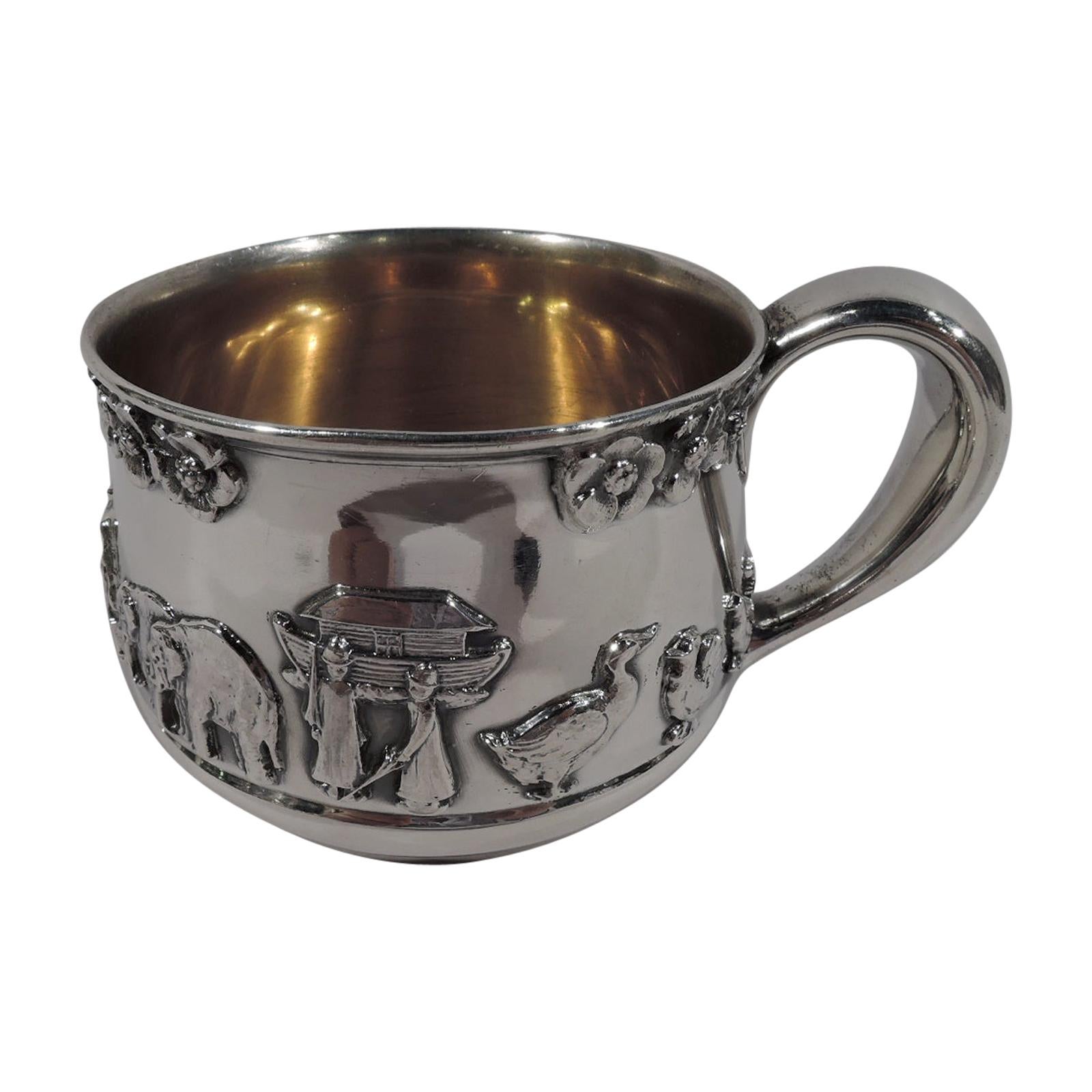 Gorham Sterling Silver Ark Baby Cup with Umbrella-Toting Noah & Naamah
