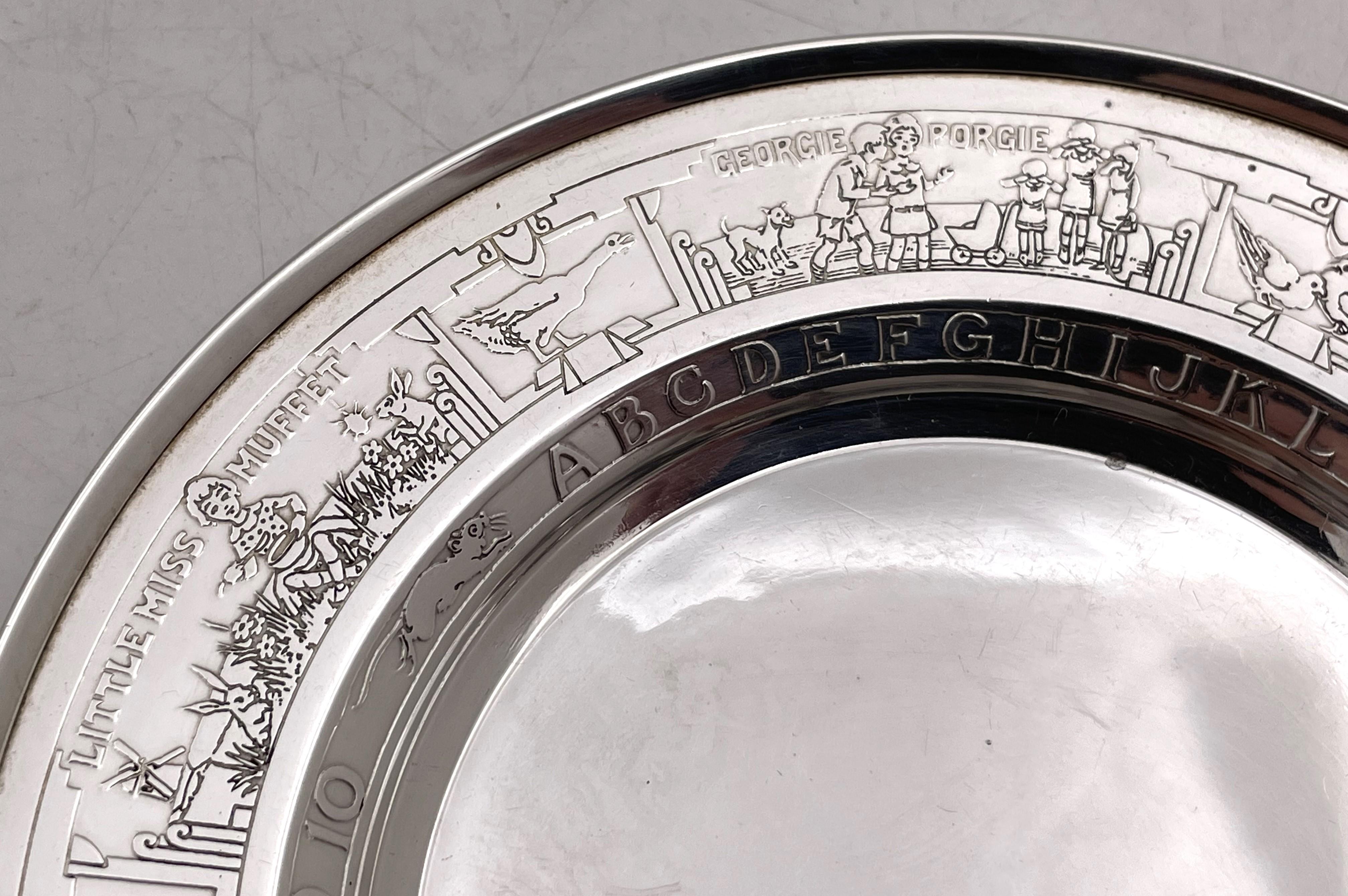 American Gorham Sterling Silver Child Bowl & Underplate with Children & Alphabet Motifs For Sale