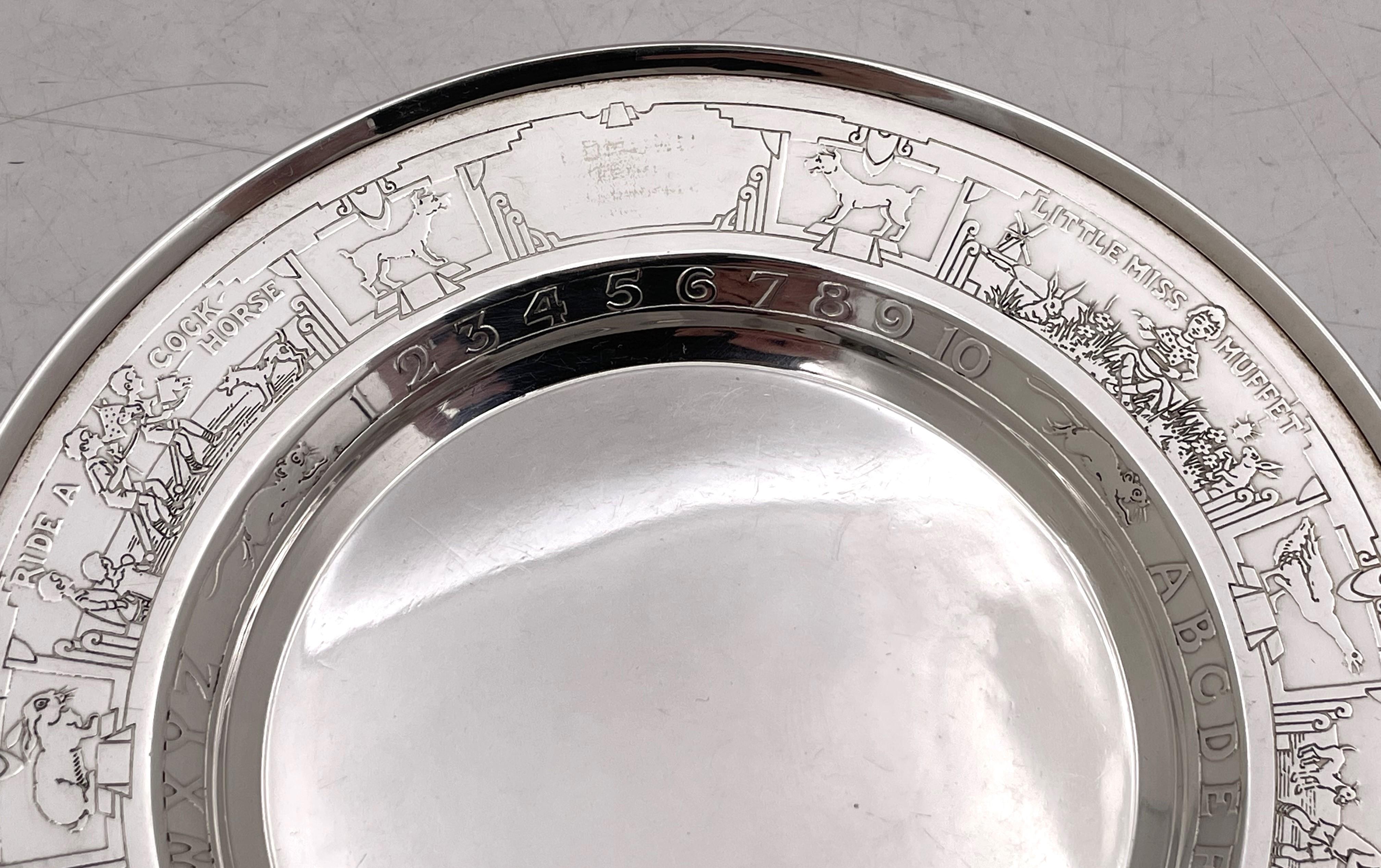 Gorham Sterling Silver Child Bowl & Underplate with Children & Alphabet Motifs In Good Condition For Sale In New York, NY
