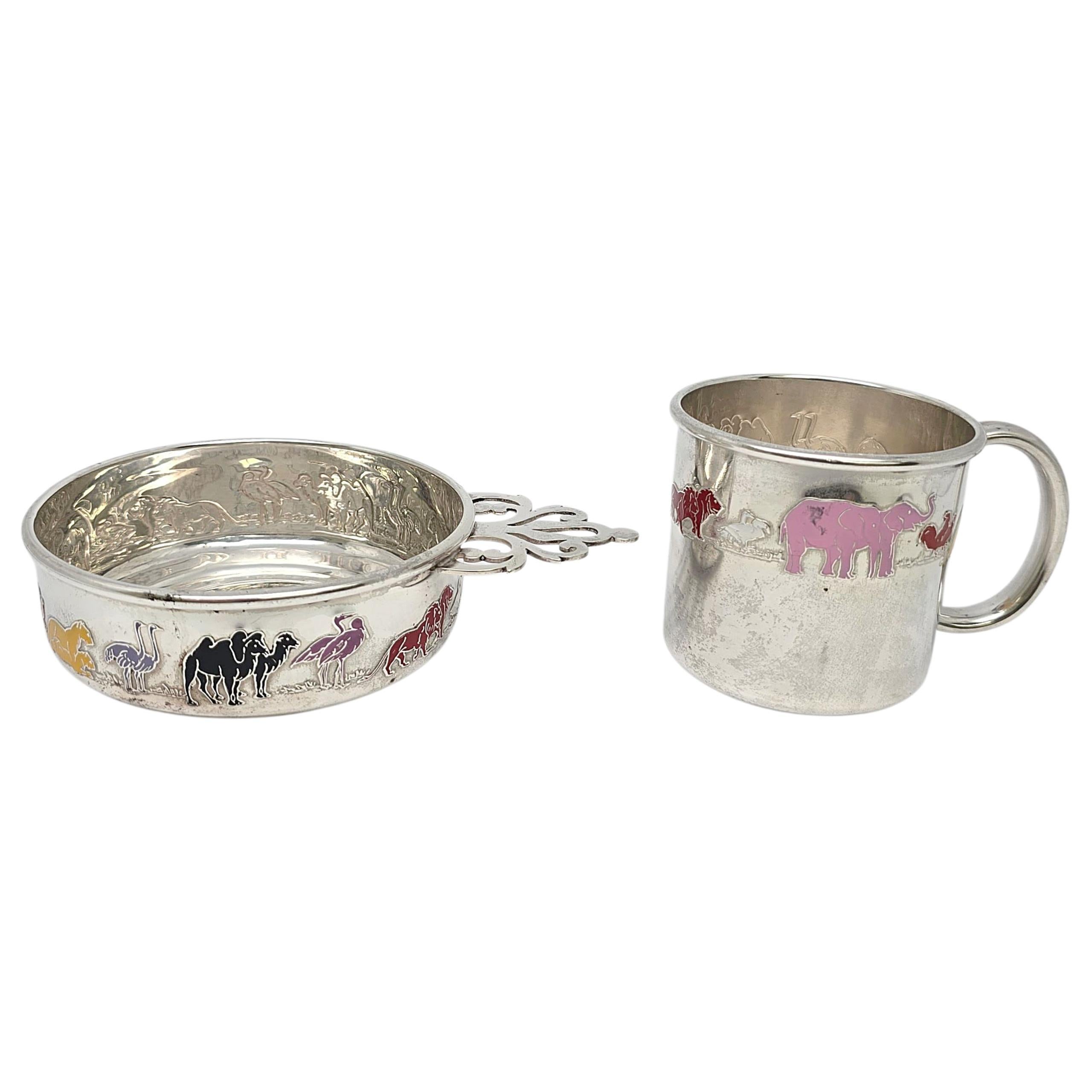 Gorham Sterling Silver Smalto colorato Arca di Noè Porringer Bowl & Cup Set 23336 In condizioni buone in vendita a Washington Depot, CT