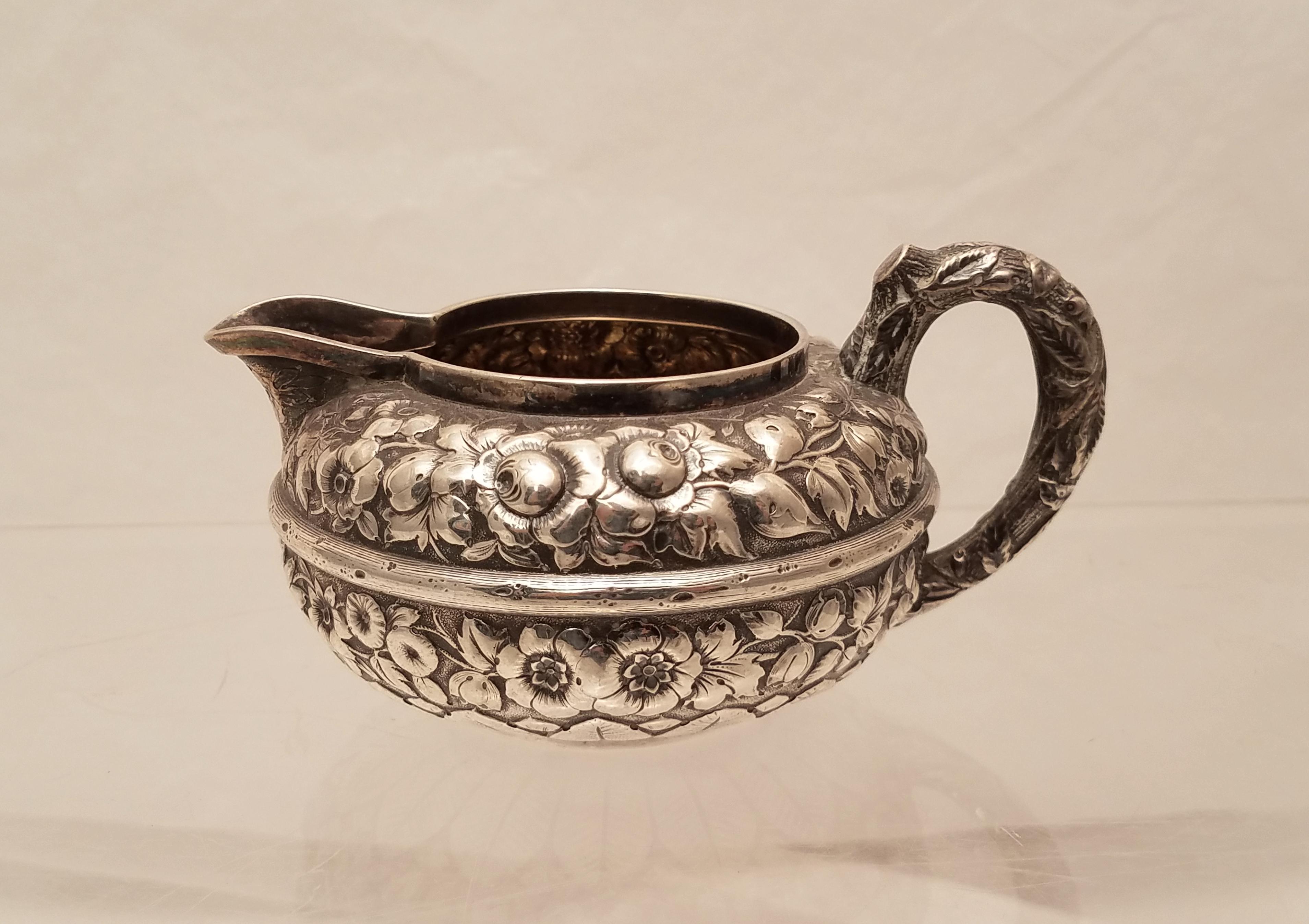 American Gorham Sterling Silver Creamer and Sugar Set in Repousse Design from 1880