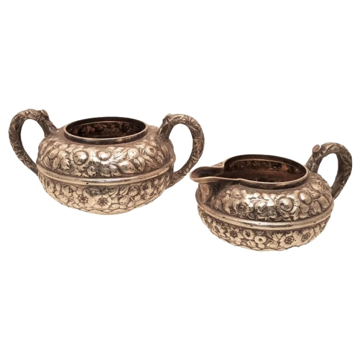 Gorham Sterling Silver Creamer and Sugar Set in Repousse Design from 1880