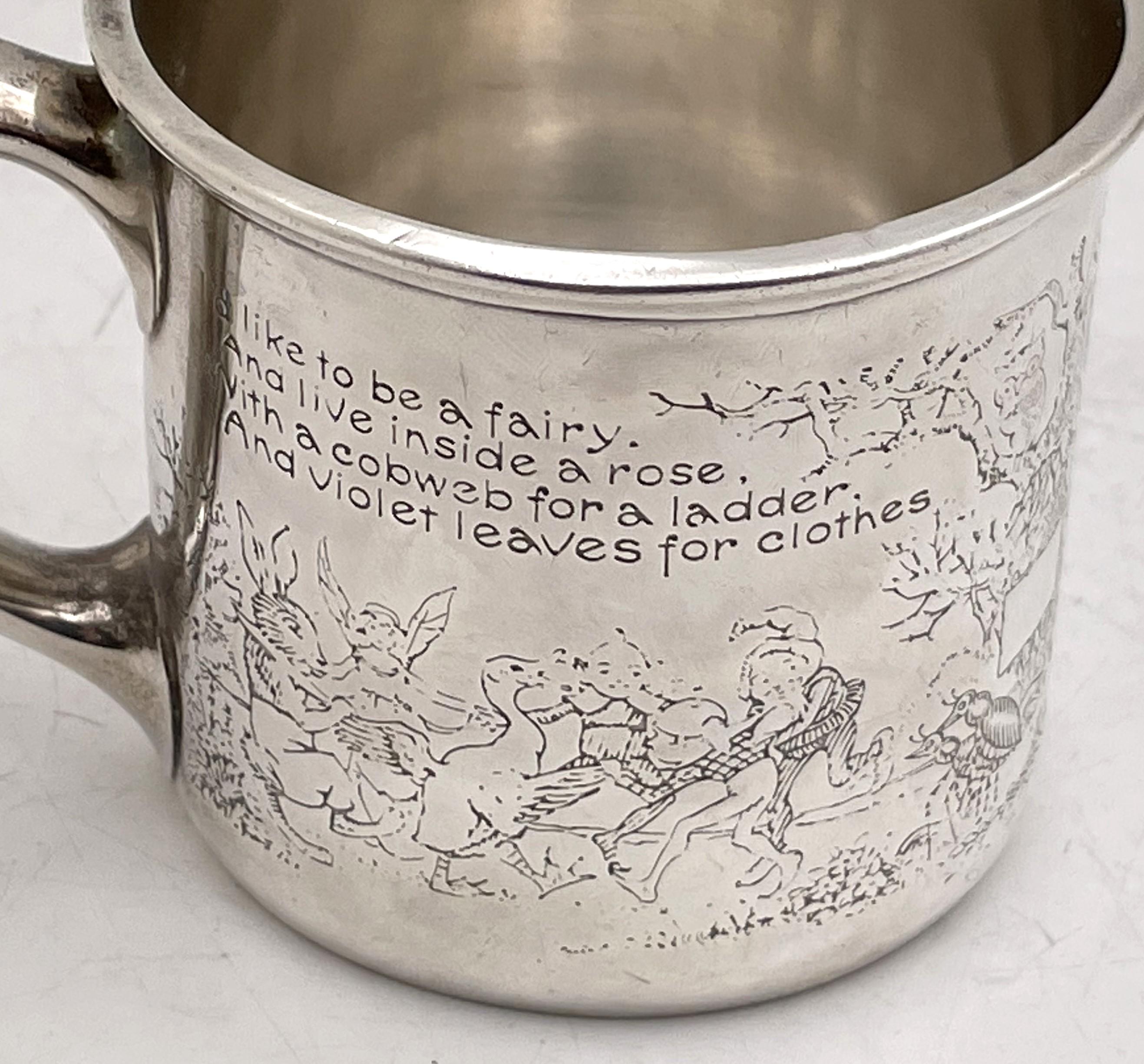 American Gorham Sterling Silver Etched Child's Christening Mug with Elves & Animal Motifs