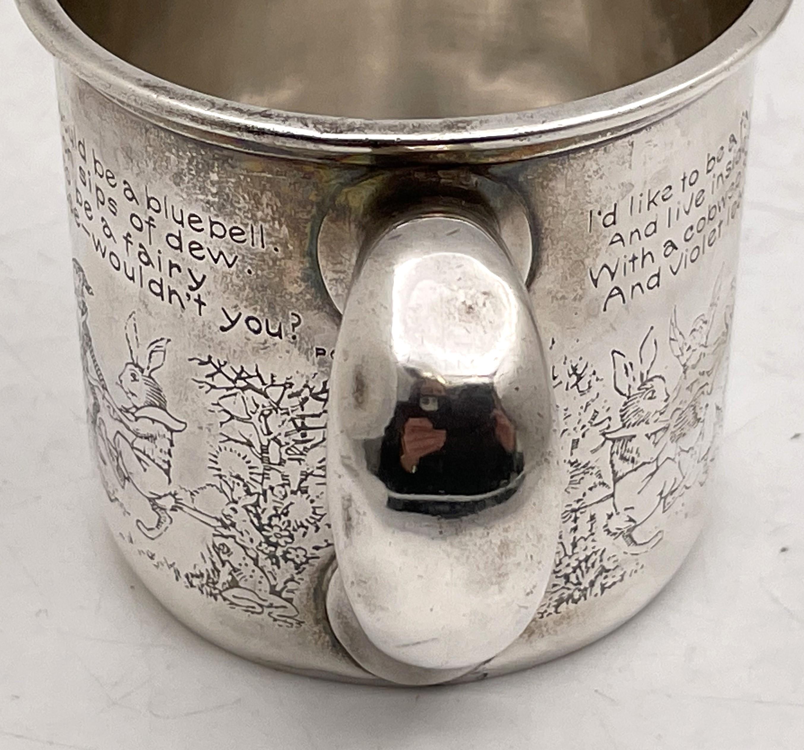 Gorham Sterling Silver Etched Child's Christening Mug with Elves & Animal Motifs In Good Condition In New York, NY