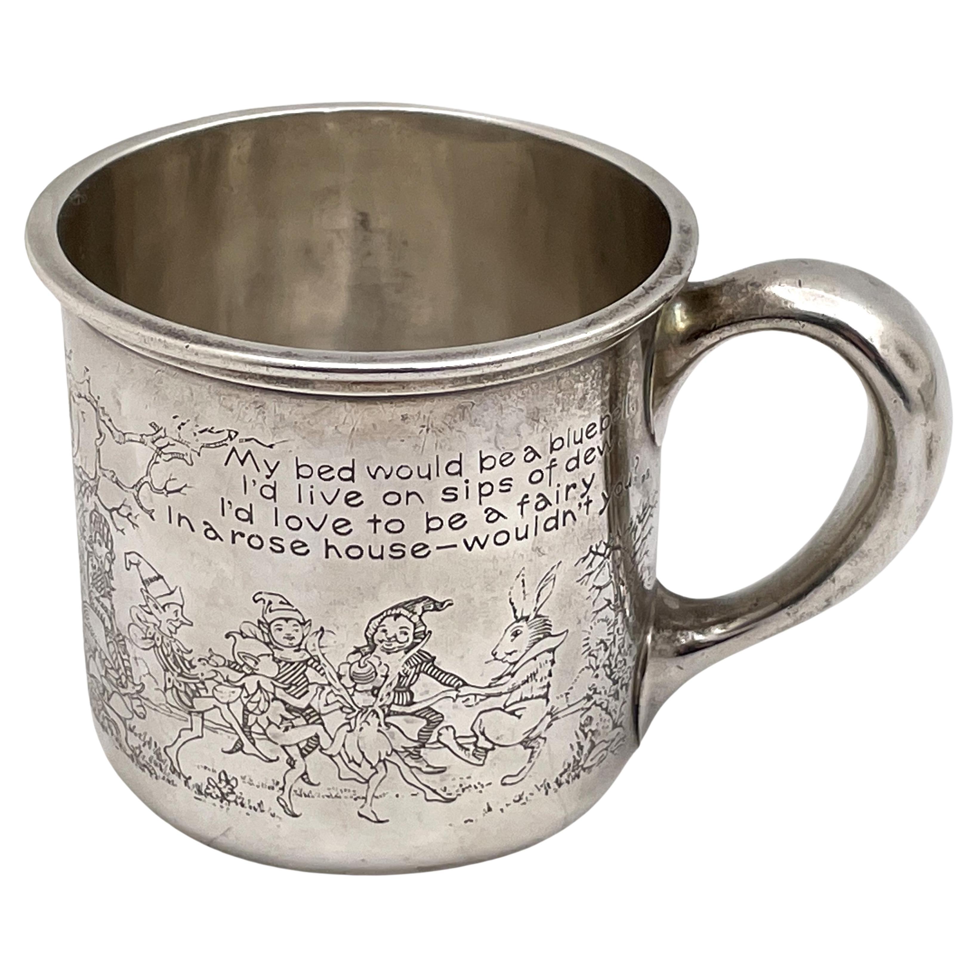 Gorham Sterling Silver Etched Child's Christening Mug with Elves & Animal Motifs