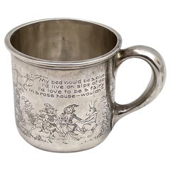 Antique Gorham Sterling Silver Etched Child's Christening Mug with Elves & Animal Motifs
