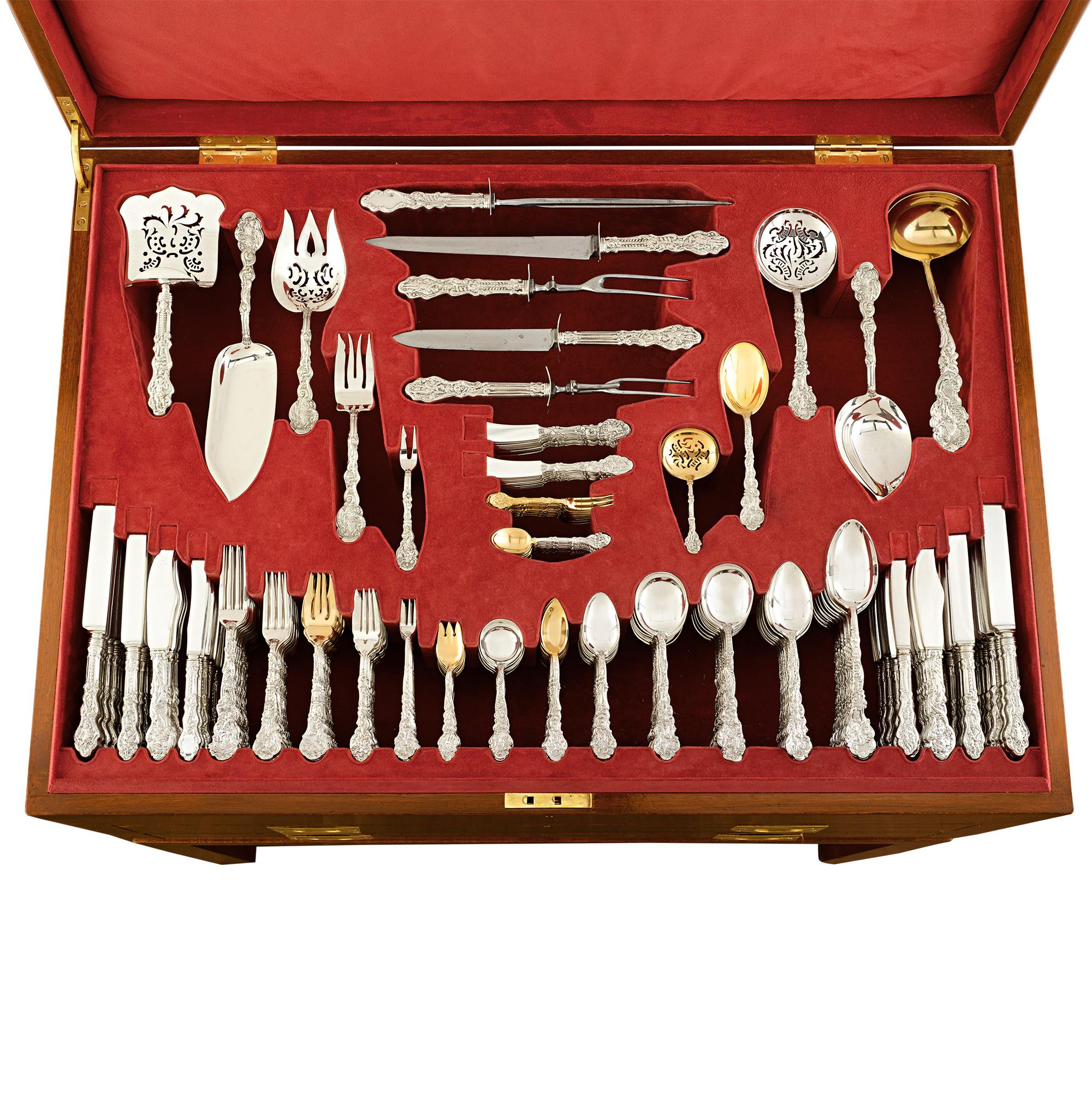 This monumental American sterling silver flatware service by Gorham epitomizes the stately glamour of turn-of-the-century dining. A total of 705 pieces in the beloved Versailles pattern comprise this extraordinary service. From the multitudinous tea