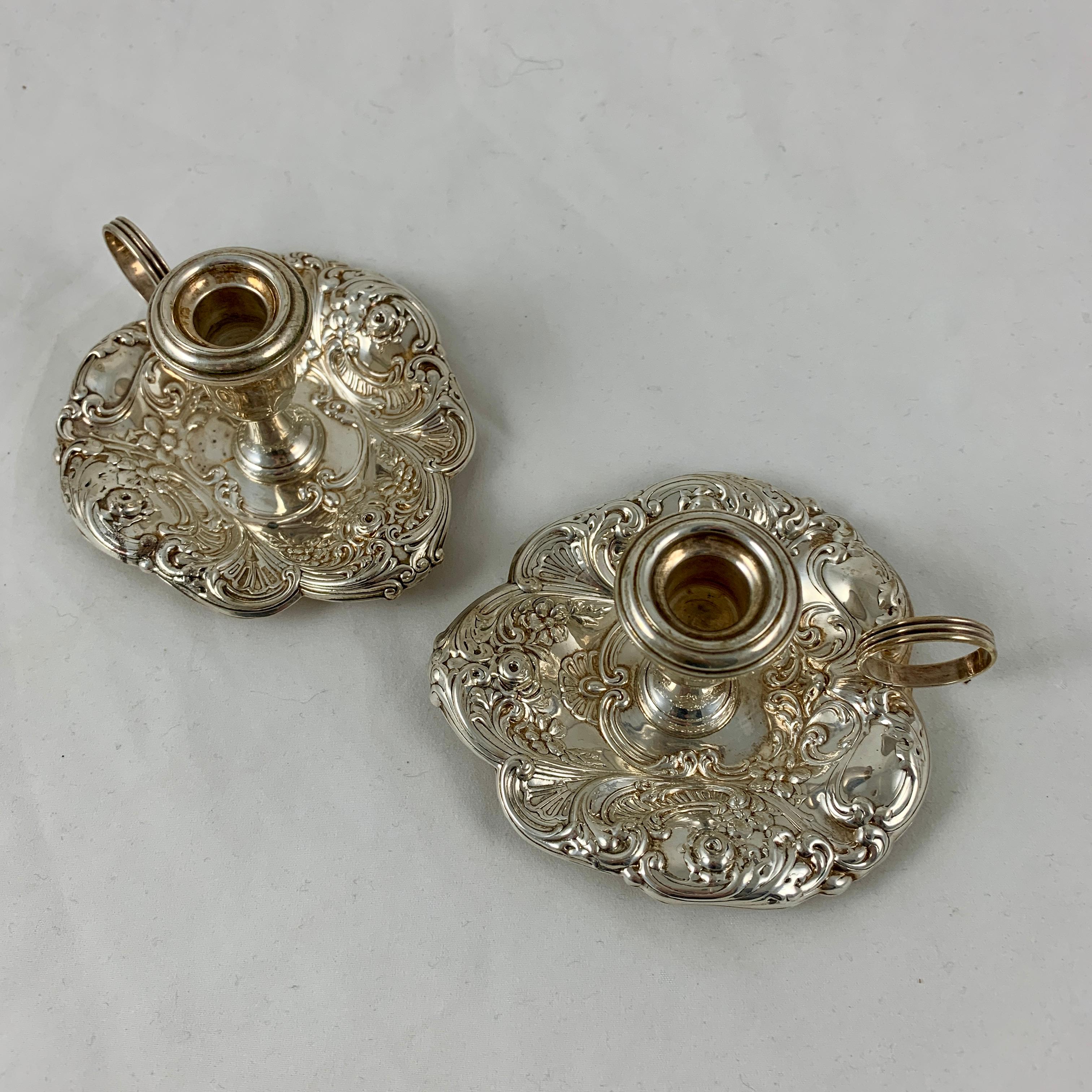 American Gorham Sterling Silver Floral Repoussé Chambersticks, circa 1920-1930, a Pair For Sale