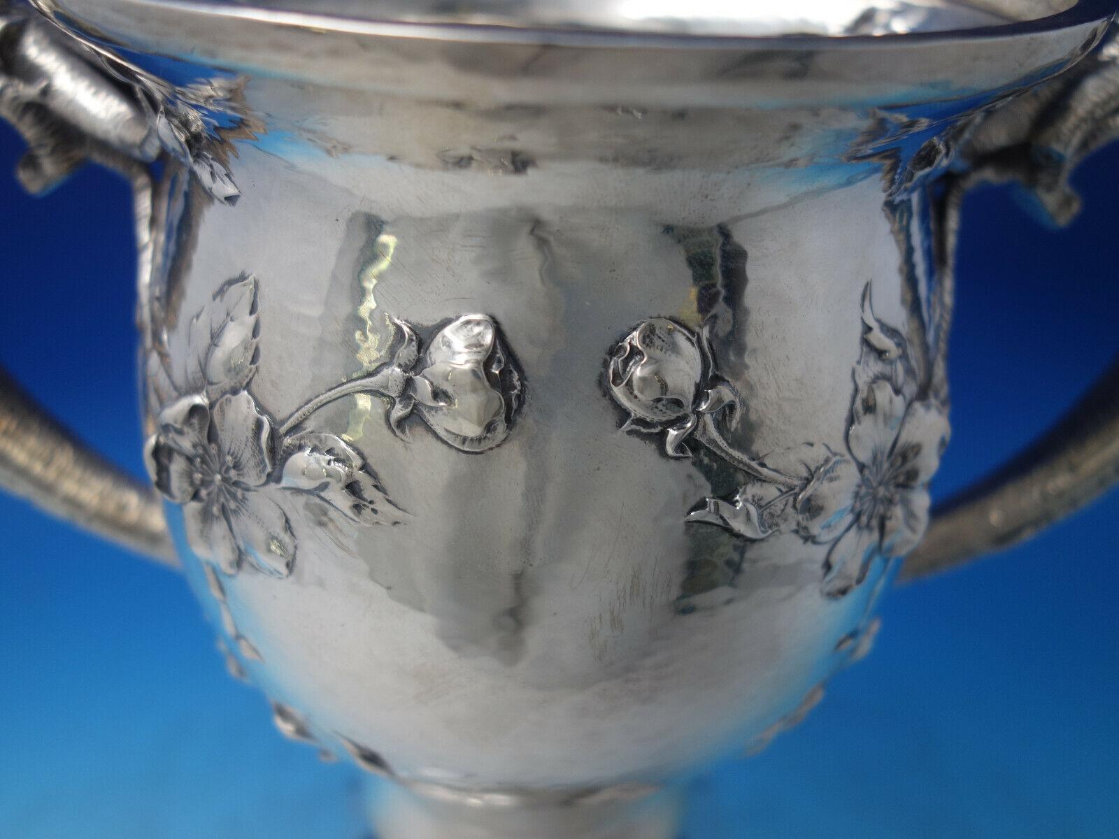 Gorham Sterling Silver Large Vase Hand Hammered w/ Vine Handles & Roses '#6232' In Excellent Condition For Sale In Big Bend, WI