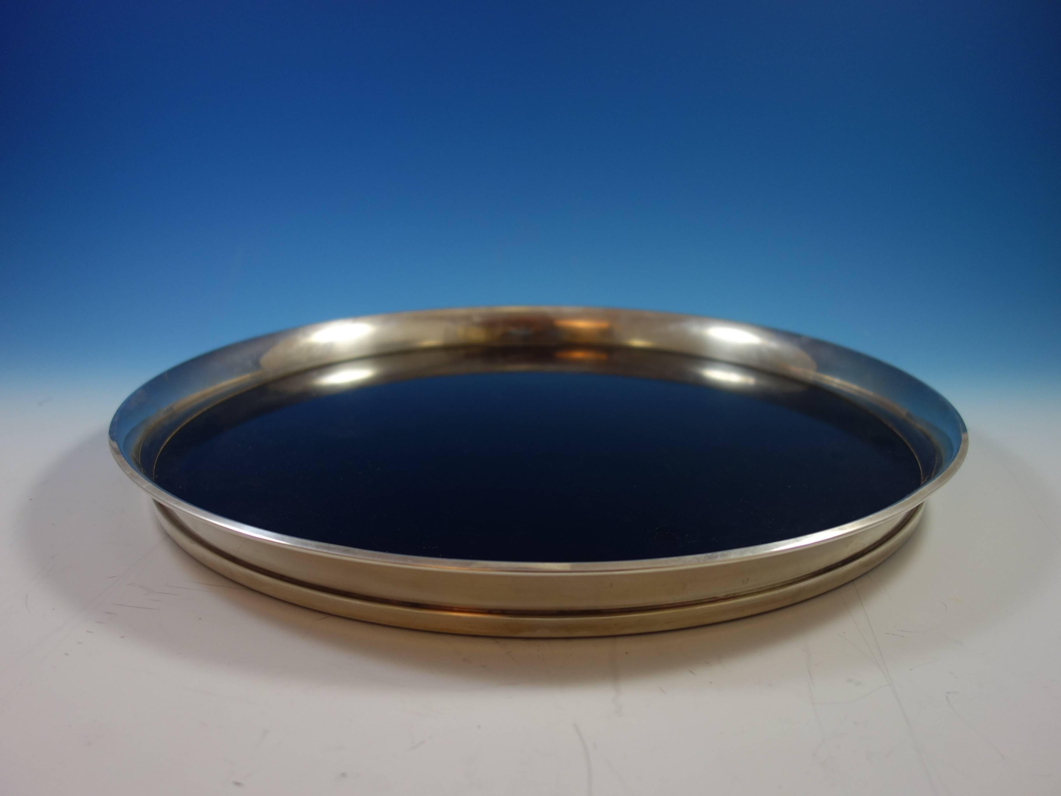 Gorham sterling silver round serving tray with black melamine or laminated plastic centre. This piece is marked #1081-1 and measures 1 1/2
