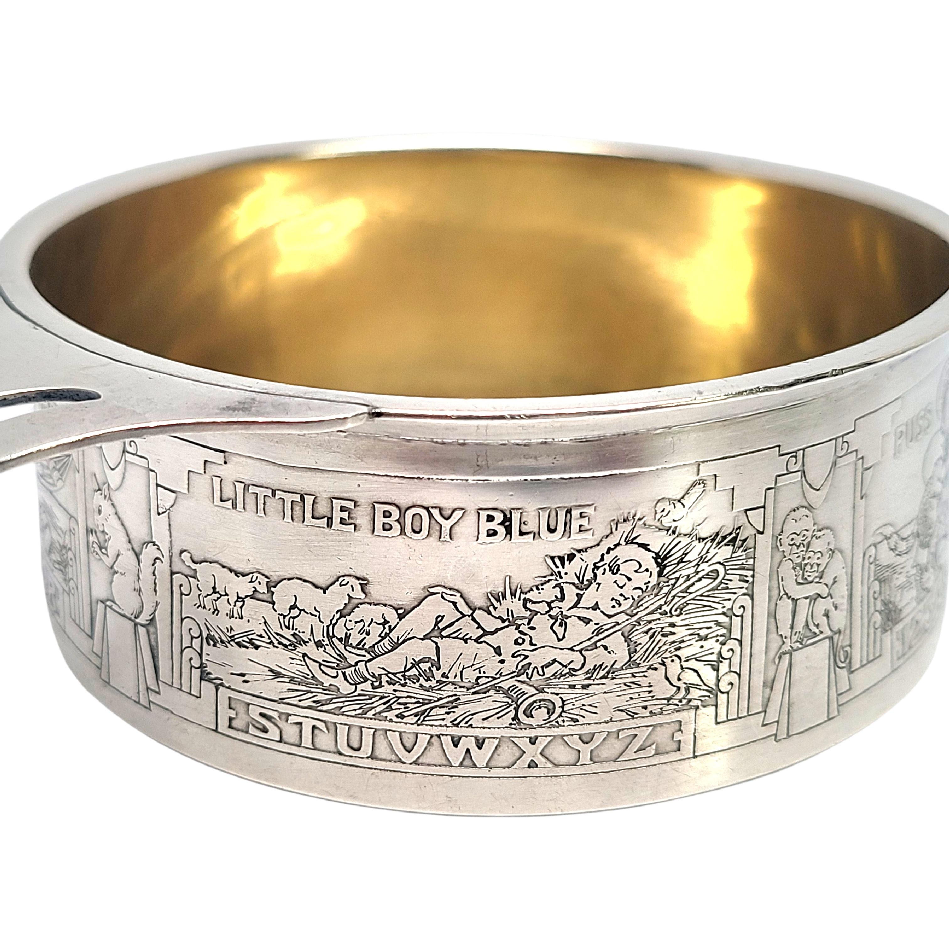 Vintage nursery rhyme theme sterling silver porringer by Gorham

Engraving at center appears to be H FROM HH

A beautiful etched design with classic, timeless appeal, this child's bowl/porringer features the alphabet, numbers 1 thru 10, little