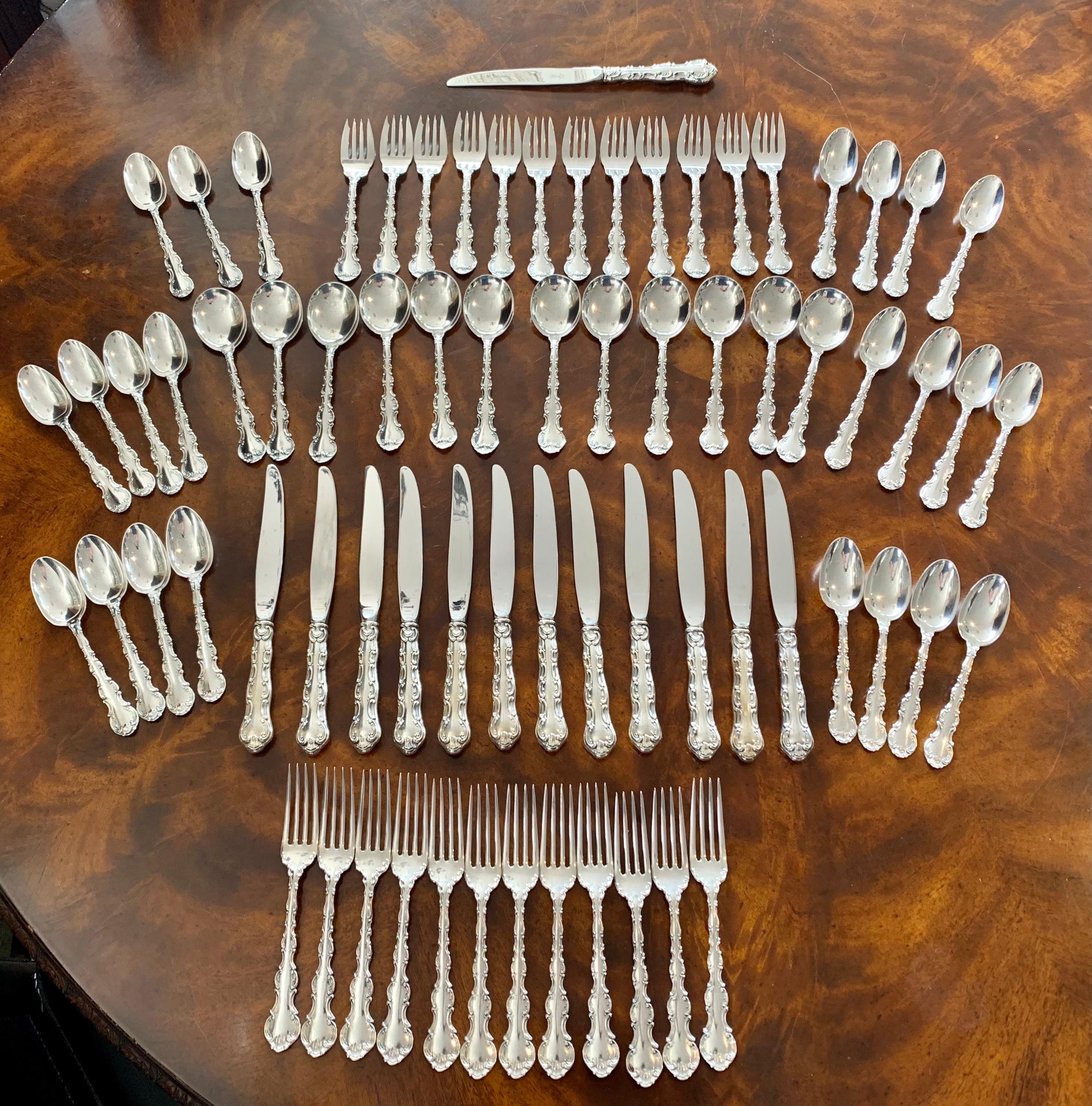 Magnificent Gorham sterling silver flatware set, service for 12 plus additional teaspoons and serving knife to bring total piece count to 72. The style is the coveted Strasbourg. This is a rare set with no monograms. The condition is very good with