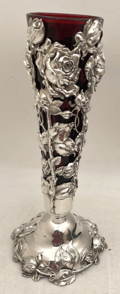 Gorham Sterling Silver Vase in Art Nouveau Style with Dimensional Flowers