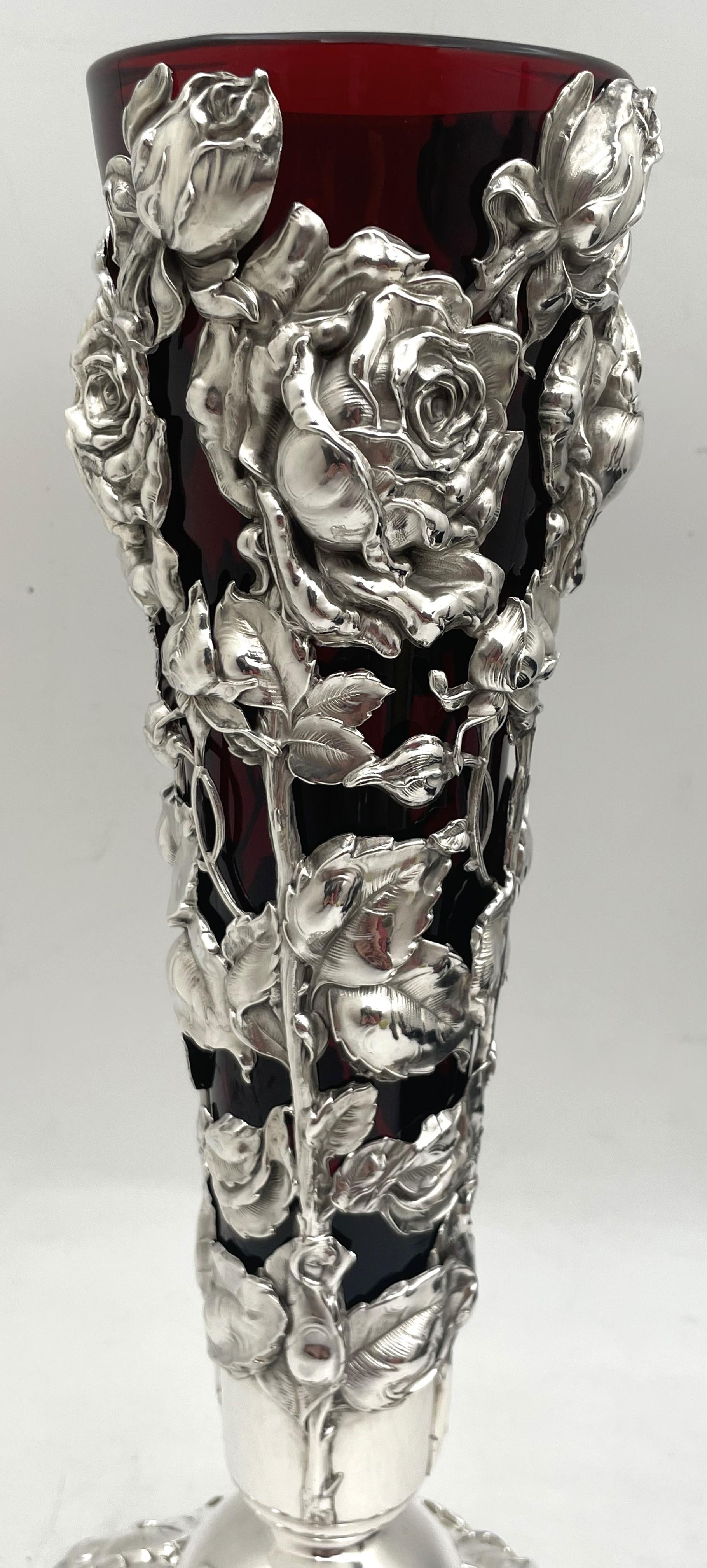 American  Gorham Sterling Silver Vase in Art Nouveau Style with Dimensional Flowers For Sale