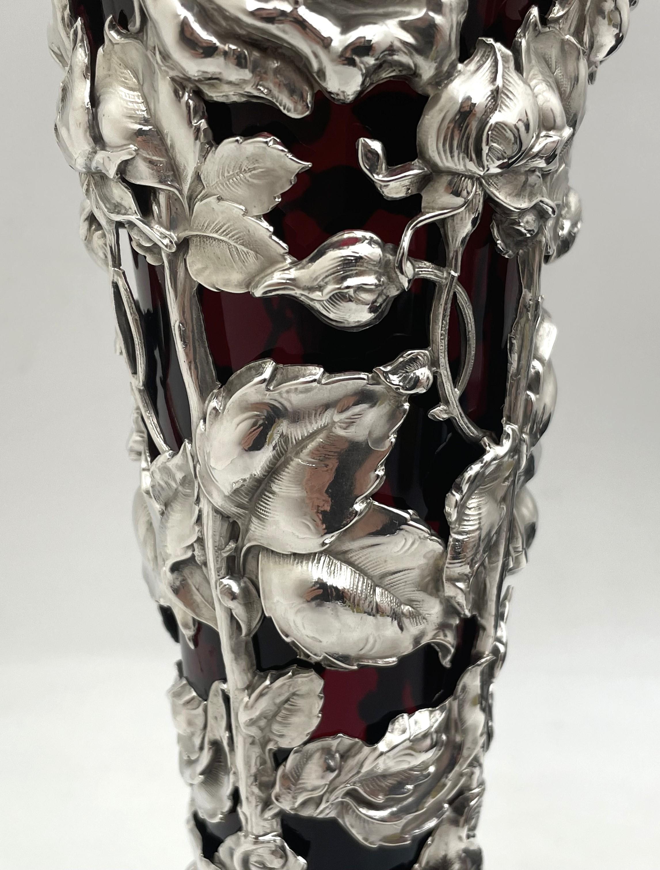 20th Century  Gorham Sterling Silver Vase in Art Nouveau Style with Dimensional Flowers For Sale