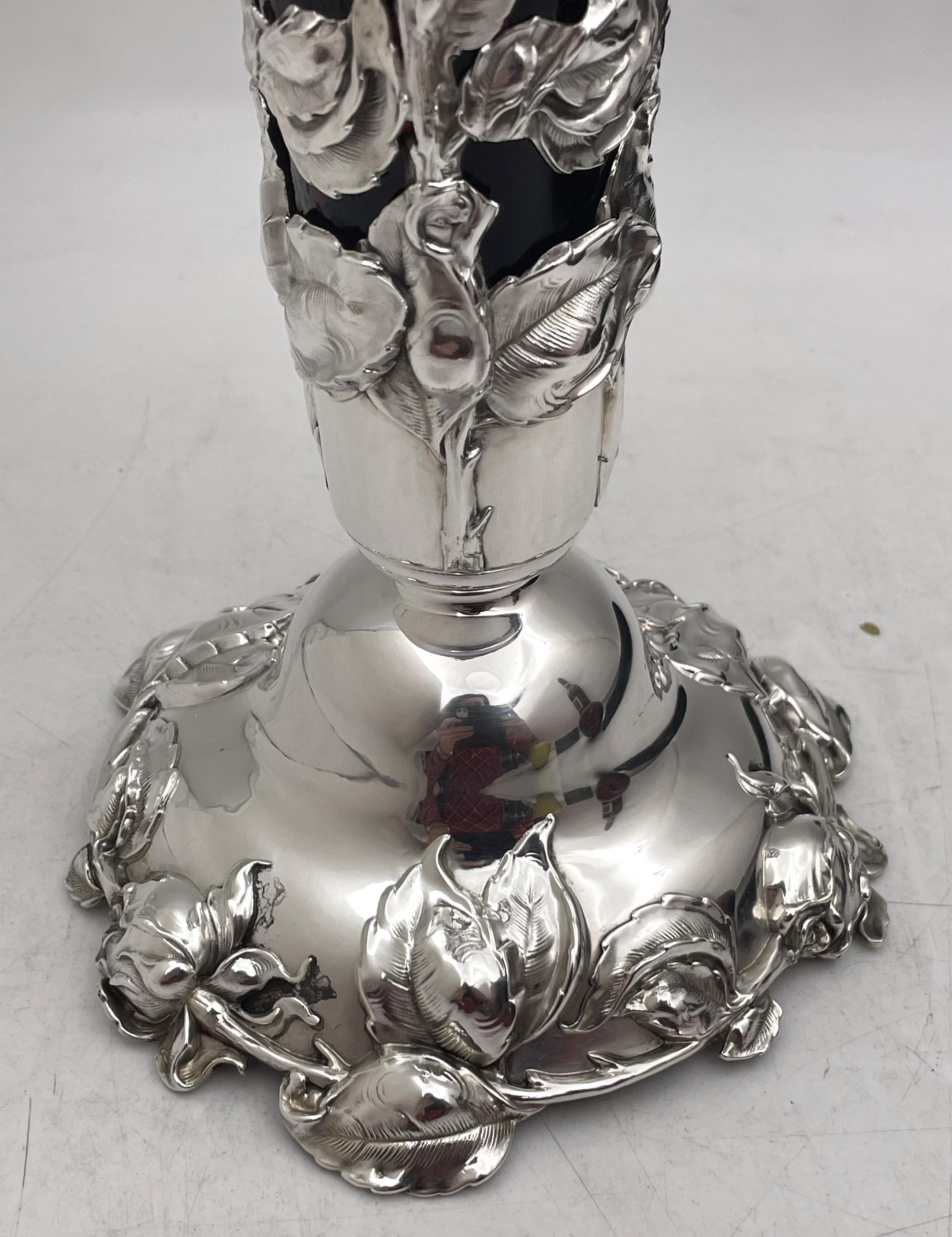  Gorham Sterling Silver Vase in Art Nouveau Style with Dimensional Flowers For Sale 1