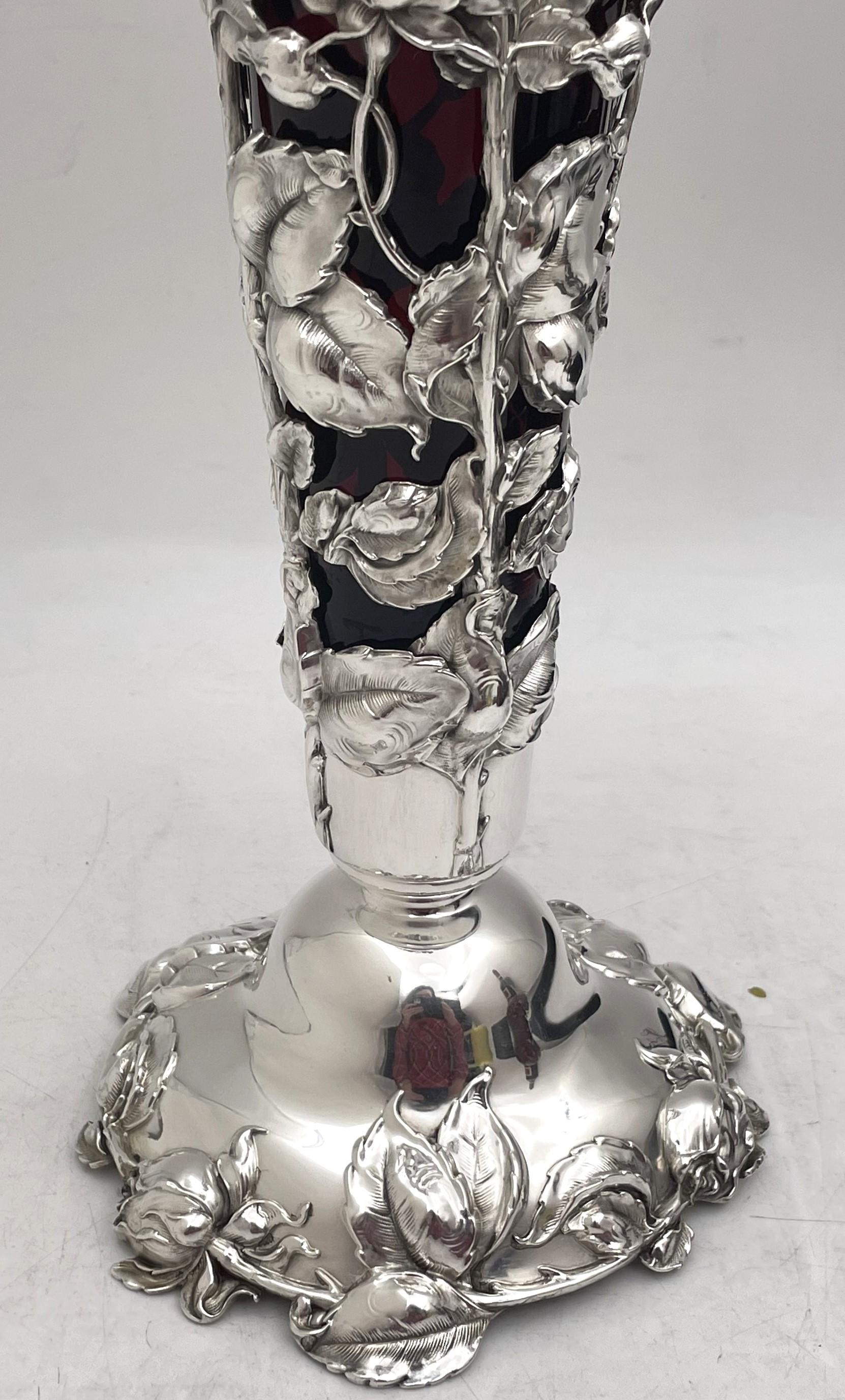  Gorham Sterling Silver Vase in Art Nouveau Style with Dimensional Flowers For Sale 2