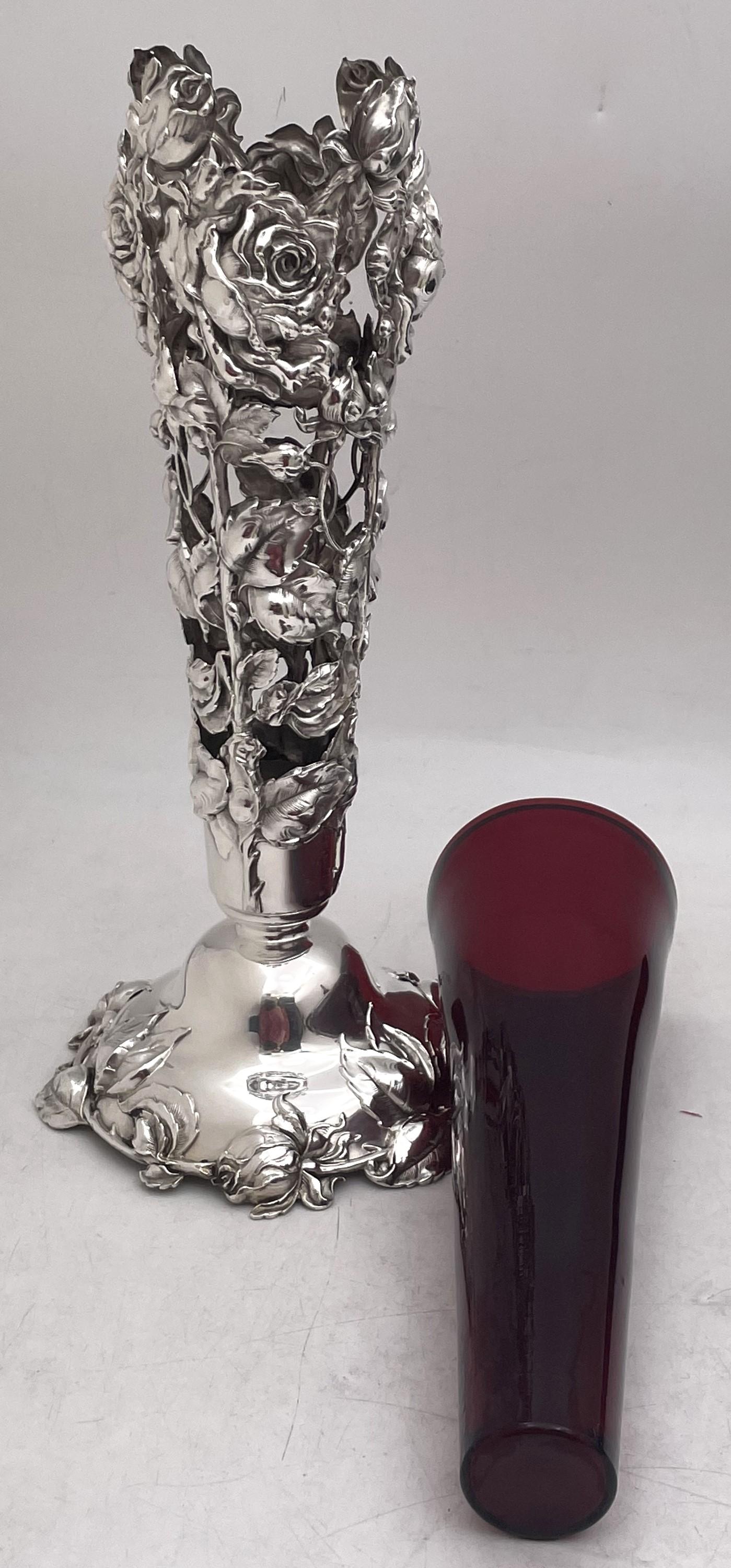  Gorham Sterling Silver Vase in Art Nouveau Style with Dimensional Flowers For Sale 3