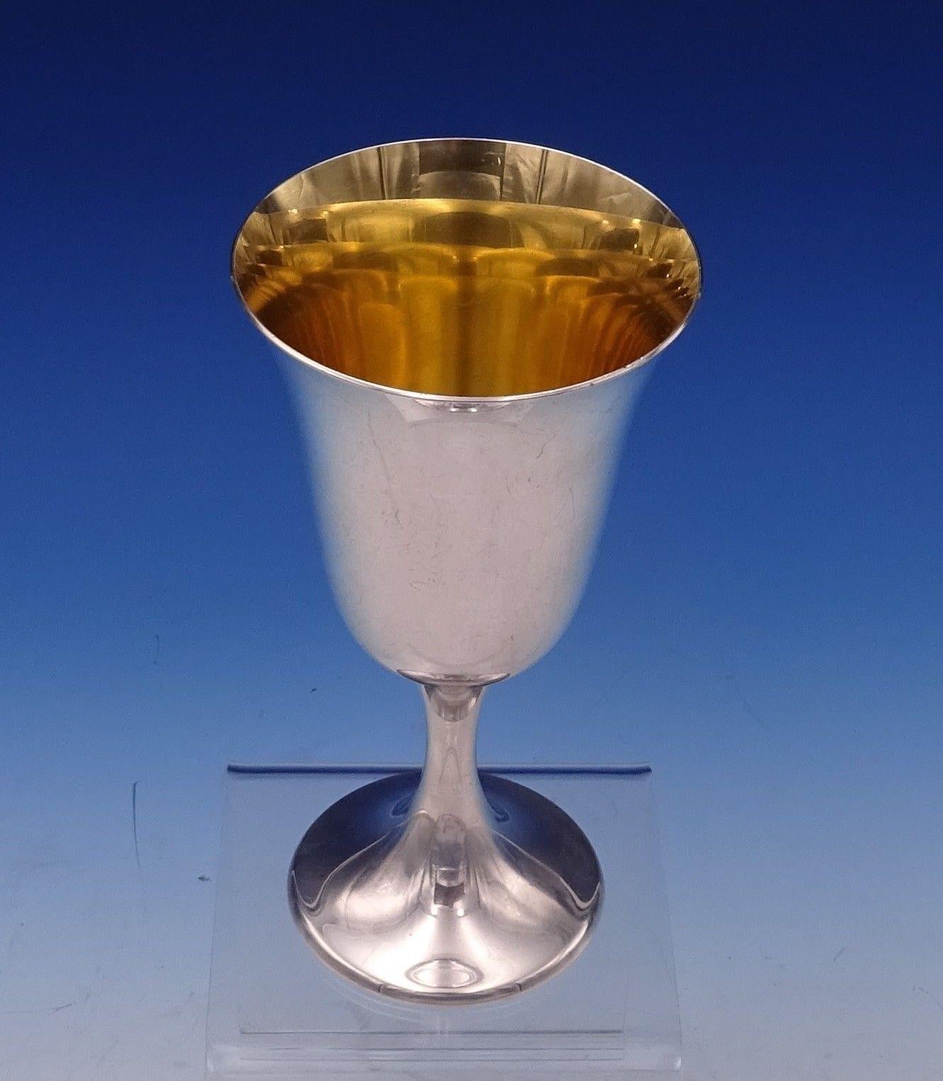 Wonderful Gorham sterling silver water goblet with gold washed interior. It is marked #272. The goblet measures 3 1/4 x 6 1/2 tall and weighs 6.25 troy ounces. It is not monogrammed and is in excellent condition. Marvellous!
