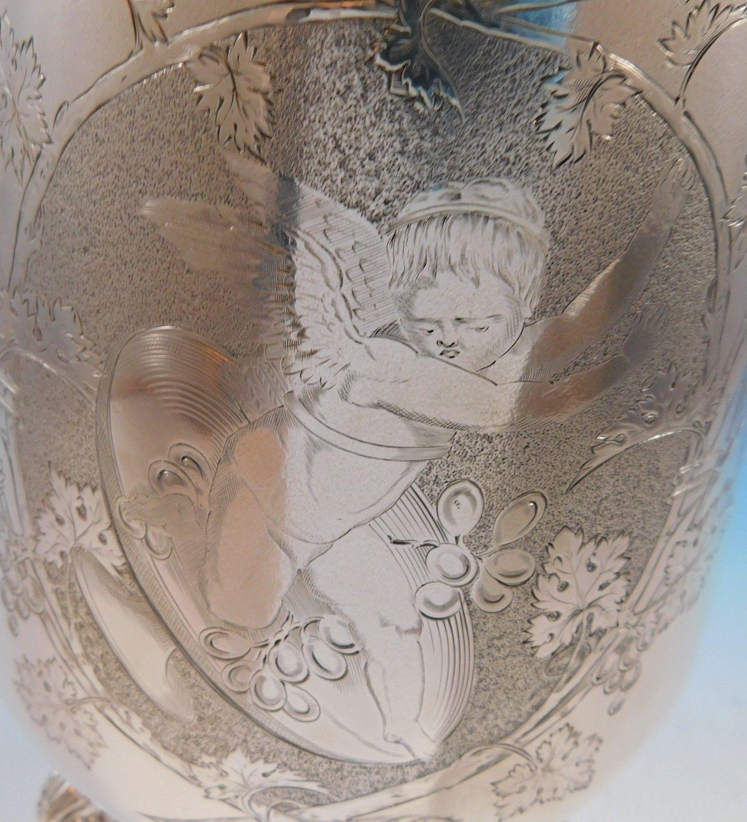 American Gorham Sterling Silver Water Pitcher with Engraved Cherub and Grapes For Sale