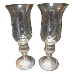 Gorham Sterling Silber gewichtet Gadrooned Kerzenhalter Paar w / Glas Hurrikane