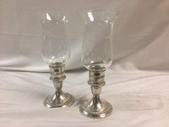 Gorham Sterling Silver Weighted Gadrooned Candleholder Pair w/ Glass Hurricanes