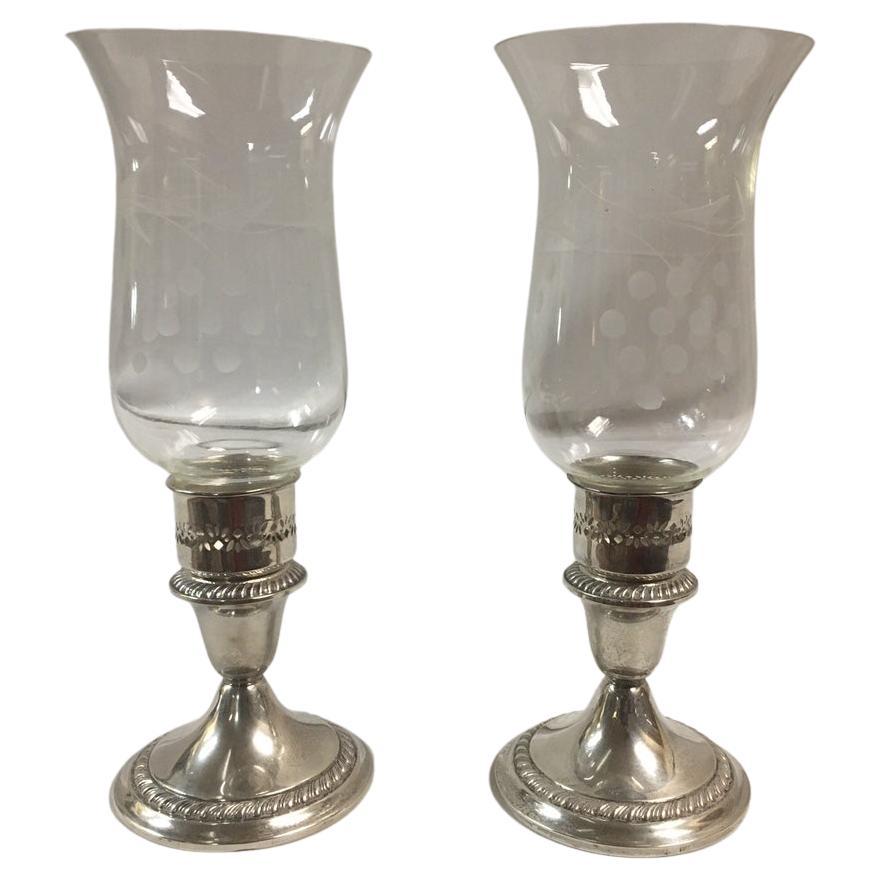 Gorham Sterling Silver Weighted Gadrooned Candleholder Pair w/ Glass Hurricanes For Sale