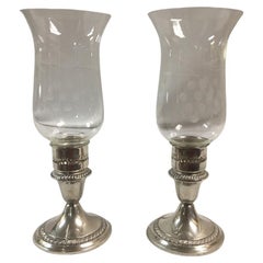 Gorham Sterling Silver Weighted Gadrooned Candleholder Pair w/ Glass Hurricanes