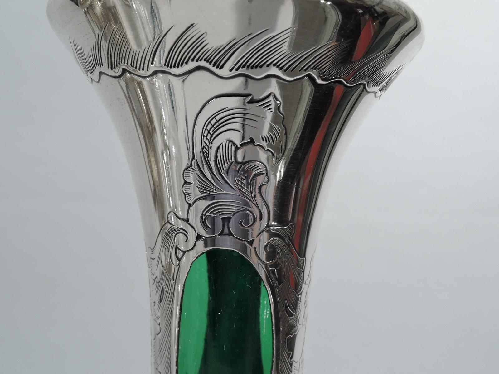 American Gorham Tall Edwardian Art Nouveau Green Silver Overlay Vase