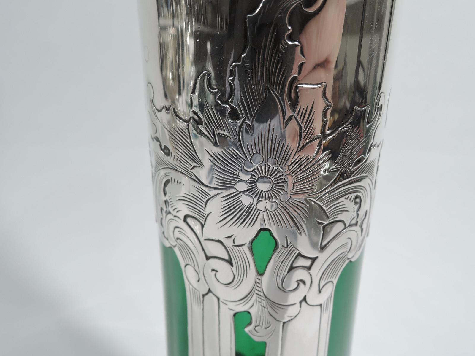 20th Century Gorham Tall Edwardian Art Nouveau Green Silver Overlay Vase