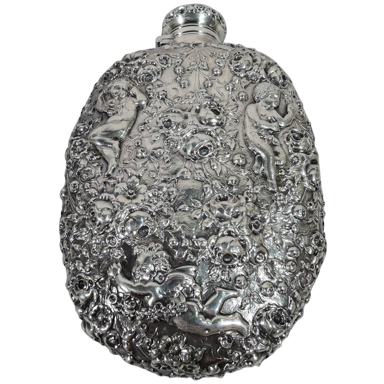 Gorham Turn-of-the-century Sterling Silver Rose and Cherub Flask