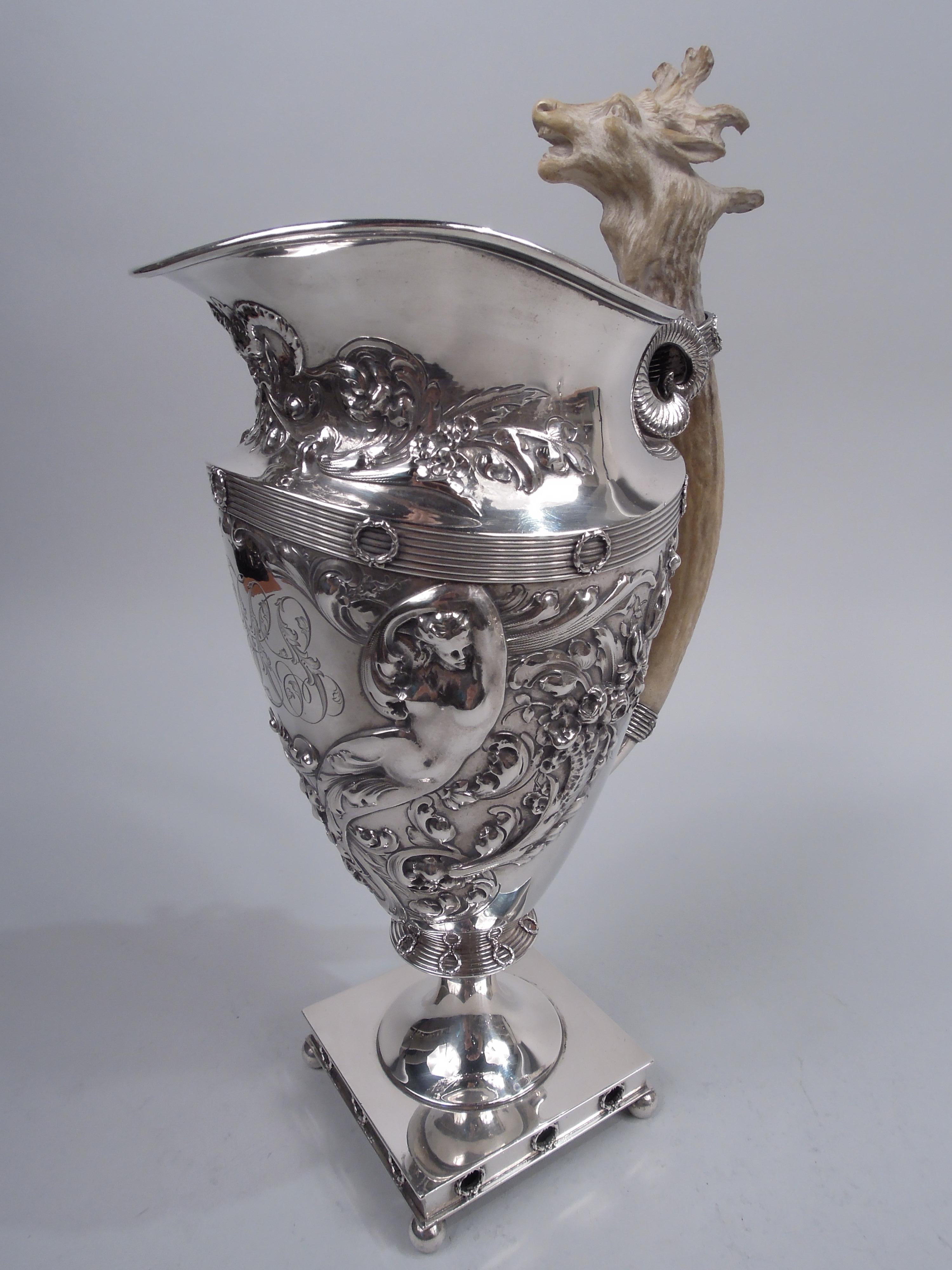 Gorham Victorian Classical Ewer with Carved Horn Handle, 1897 In Good Condition For Sale In New York, NY