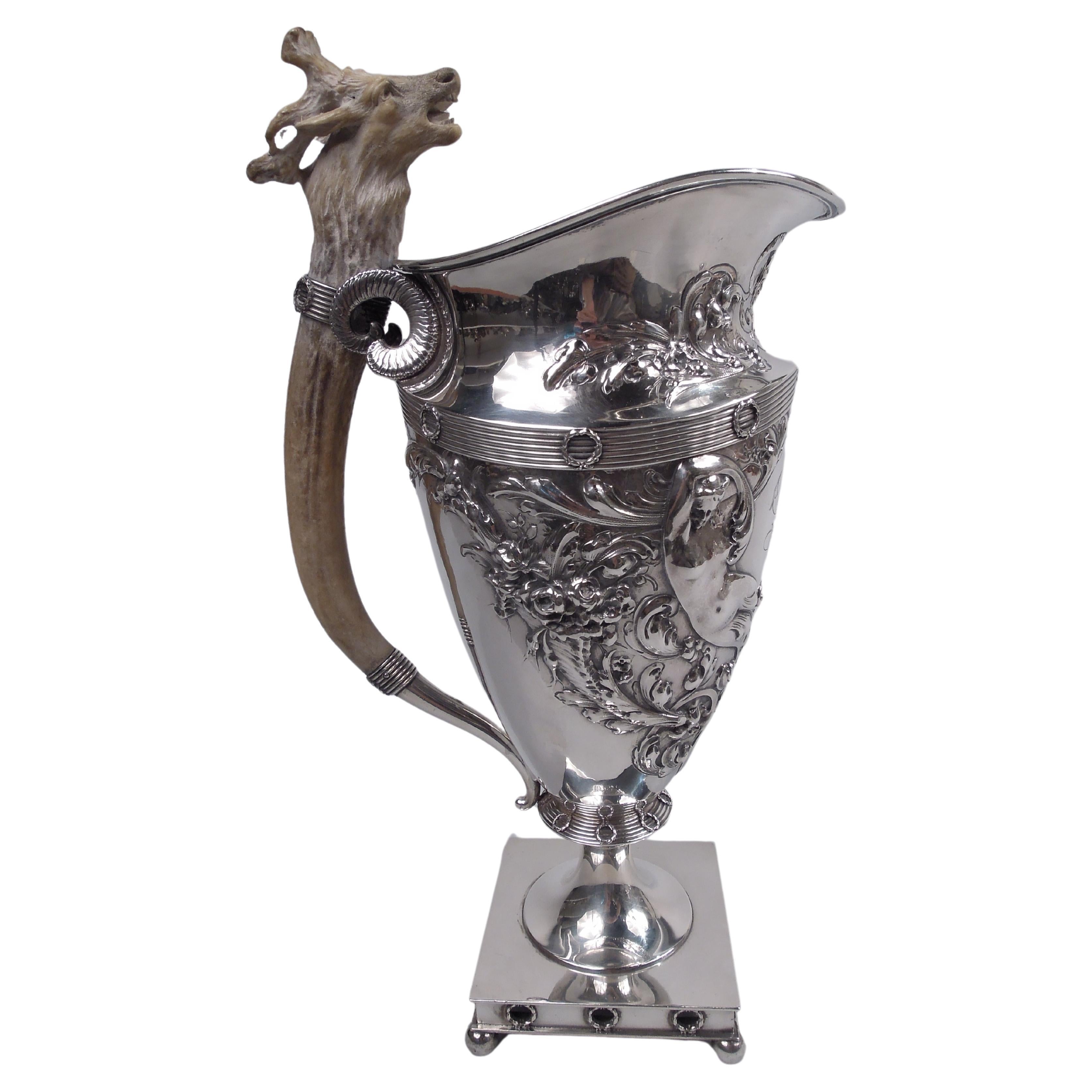 Gorham Victorian Classical Ewer with Carved Horn Handle, 1897 For Sale