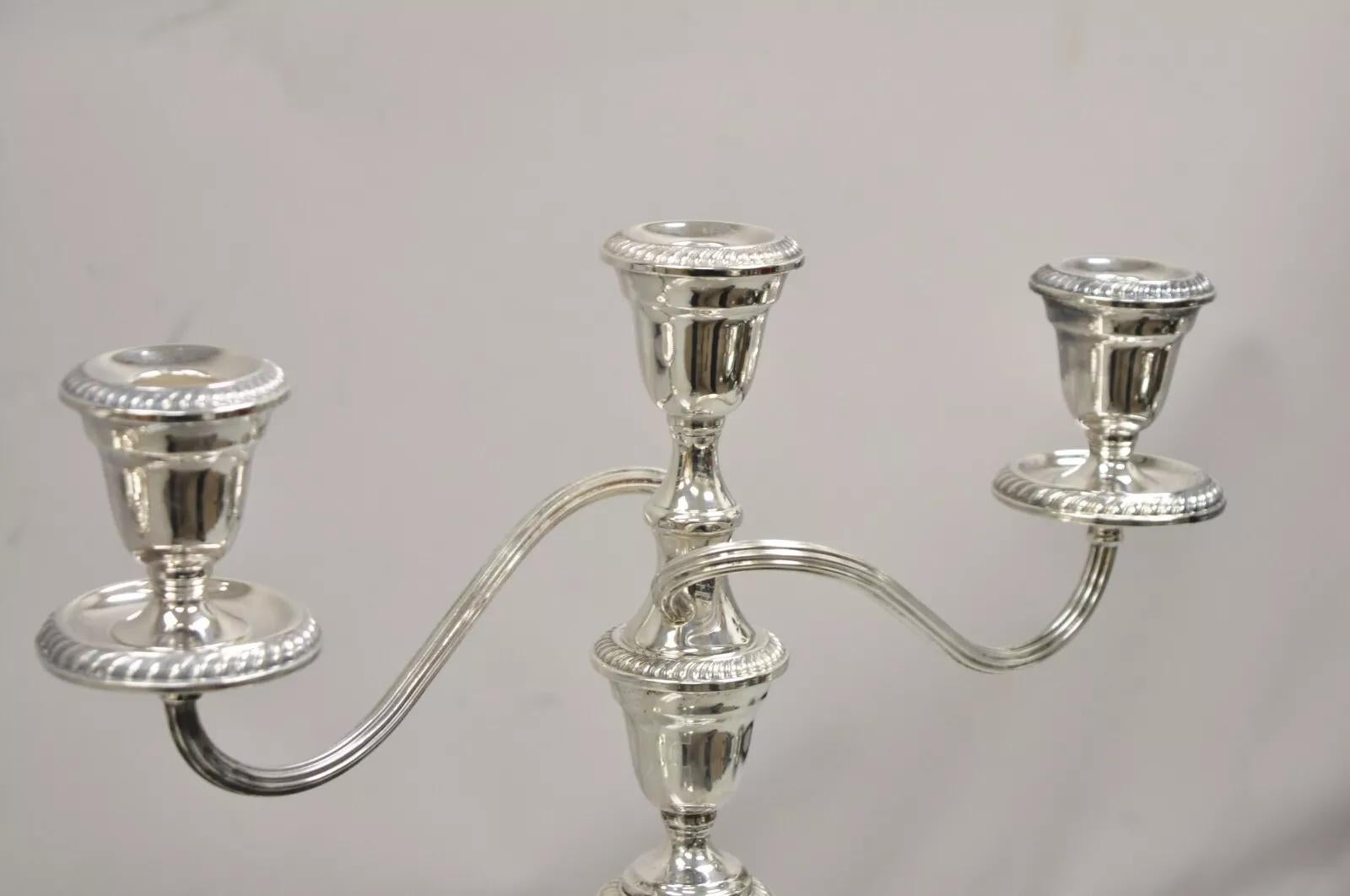 Gorham YC3031 3 Arm Branch Colonial Silver Plated Candle Candelabra - a Pair. Circa Late 20th Century. Measurements: 14.5