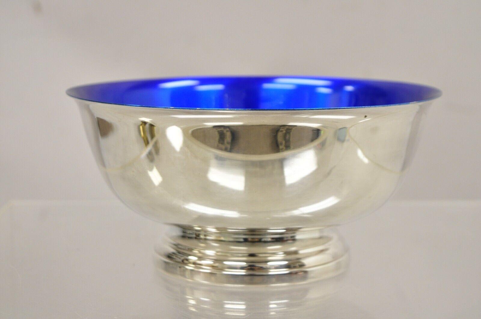 Gorham YC781 Azure Blue Enamel Silver Plated Round  Modern Serving Bowl. Circa  Mid 20th Century. Measurements: 4.25