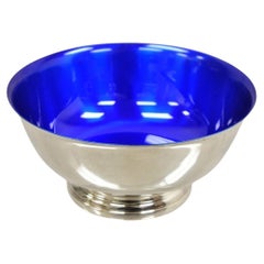 Retro Gorham YC781 Azure Blue Enamel Silver Plated Round Modern Serving Bowl