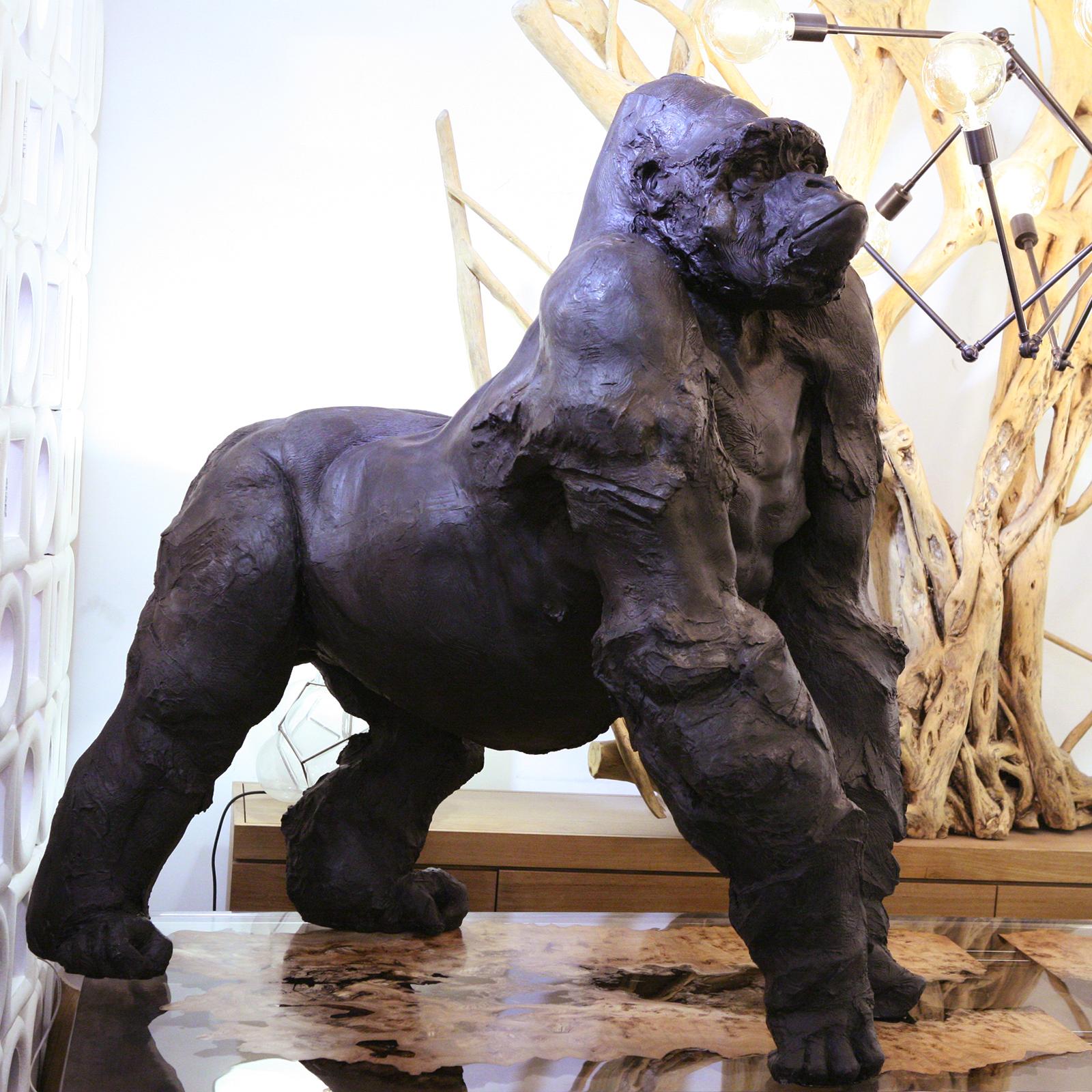 Carved Gorilla Grey Resin Sculpture For Sale