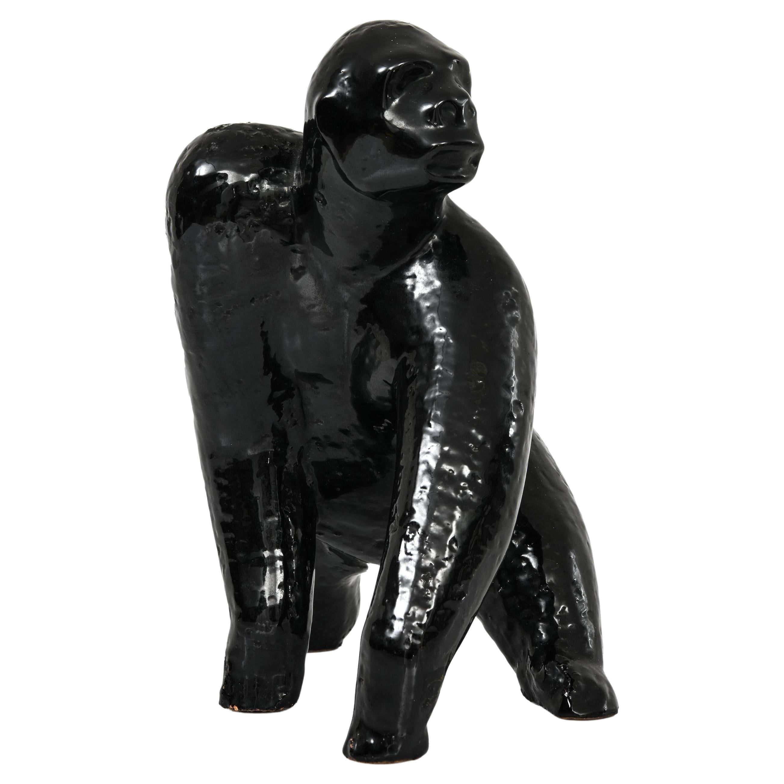 Gorilla Sculpture in black glazed ceramic, 1960's For Sale