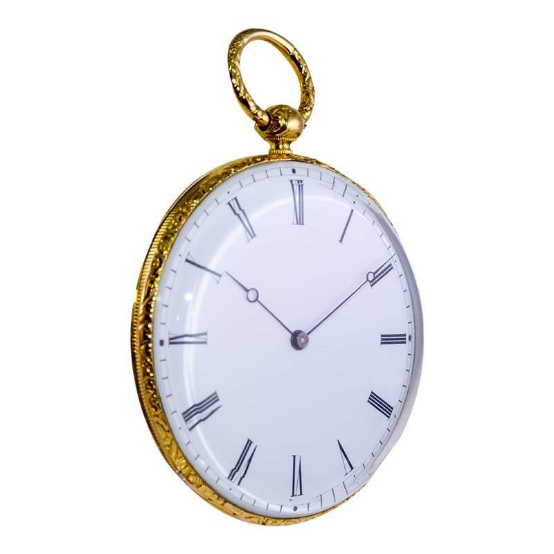 FACTORY / HOUSE: Gorini & Cie. Paris
STYLE / REFERENCE: Open Faced Key Winding Pocket Watch
METAL / MATERIAL: 18Kt. Yellow Gold 
CIRCA / YEAR: 1840's
DIMENSIONS / SIZE: Diameter 45mm
MOVEMENT / CALIBER: Key Winding / 4 Jewels 
DIAL / HANDS: Original