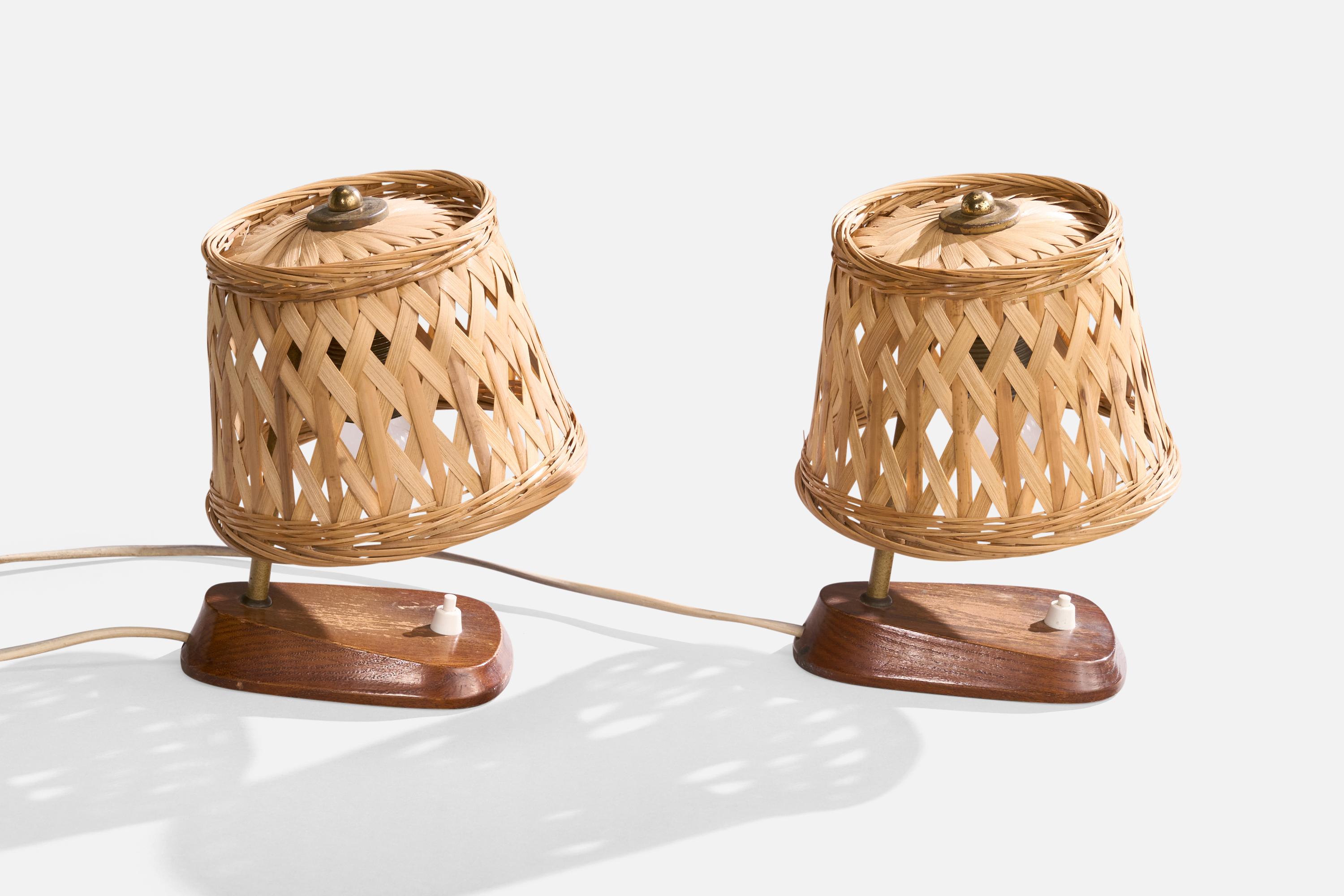 Tedesco Görlitz, Lampade da tavolo. Teak, ottone, rattan, Germania, anni '60 in vendita