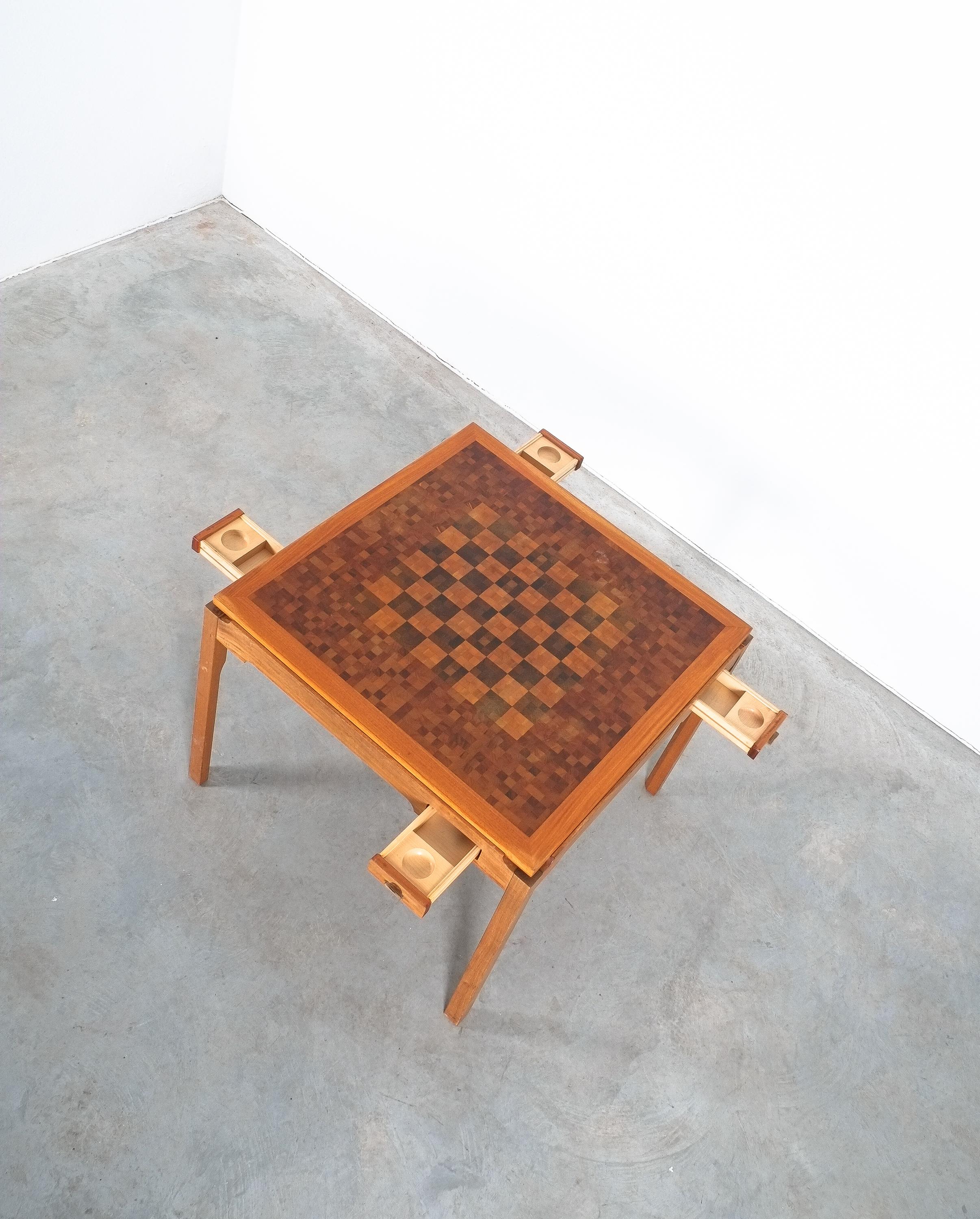Mid-Century Modern Gorm Lindum Teak Leather Chess or Card Game Table, Tranekær Denmark, 1950
