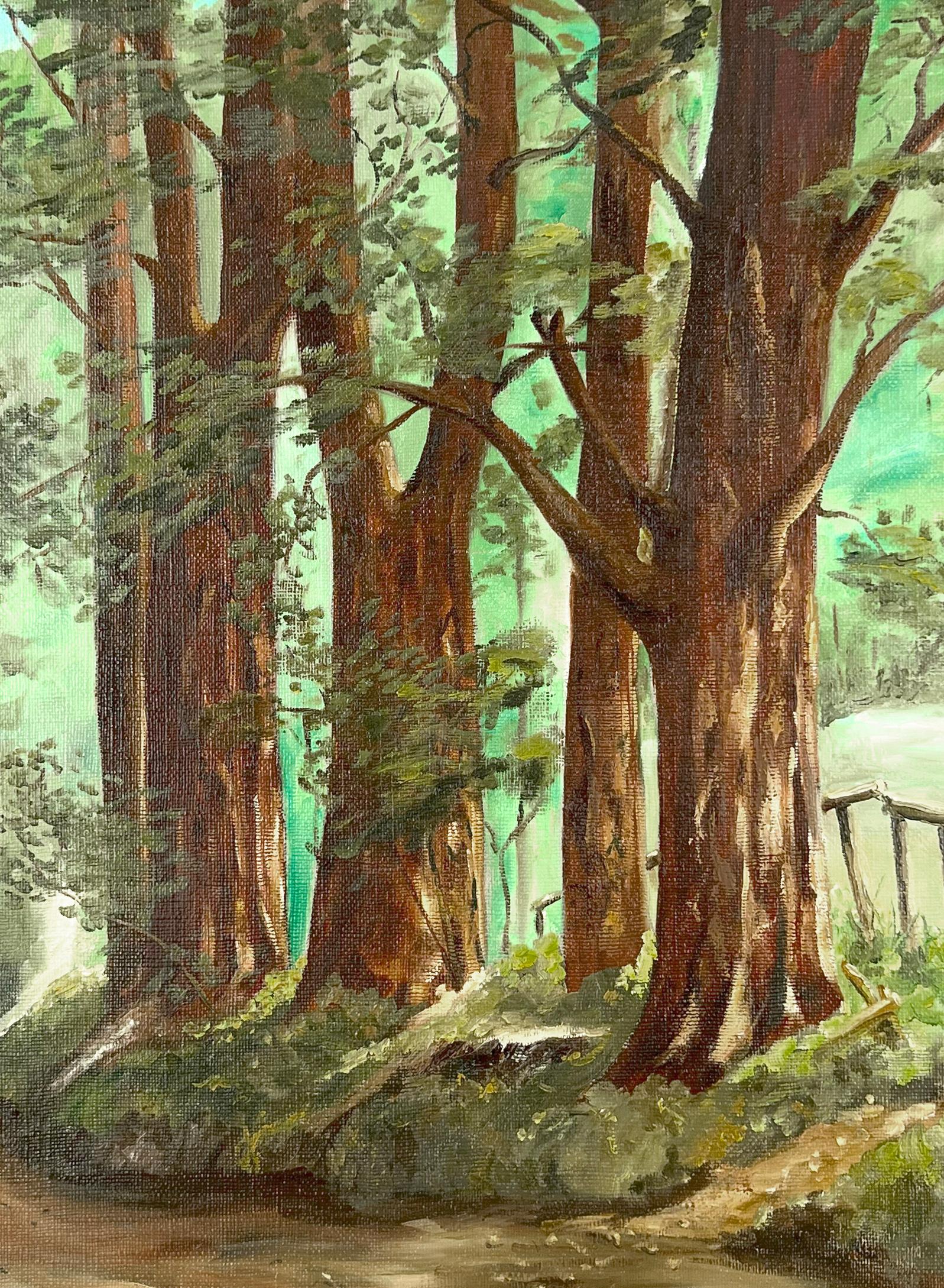 Originales Ölgemälde „Back Road“ California Redwoods Santa Cruz County  (Amerikanischer Impressionismus), Painting, von Gorman Woody