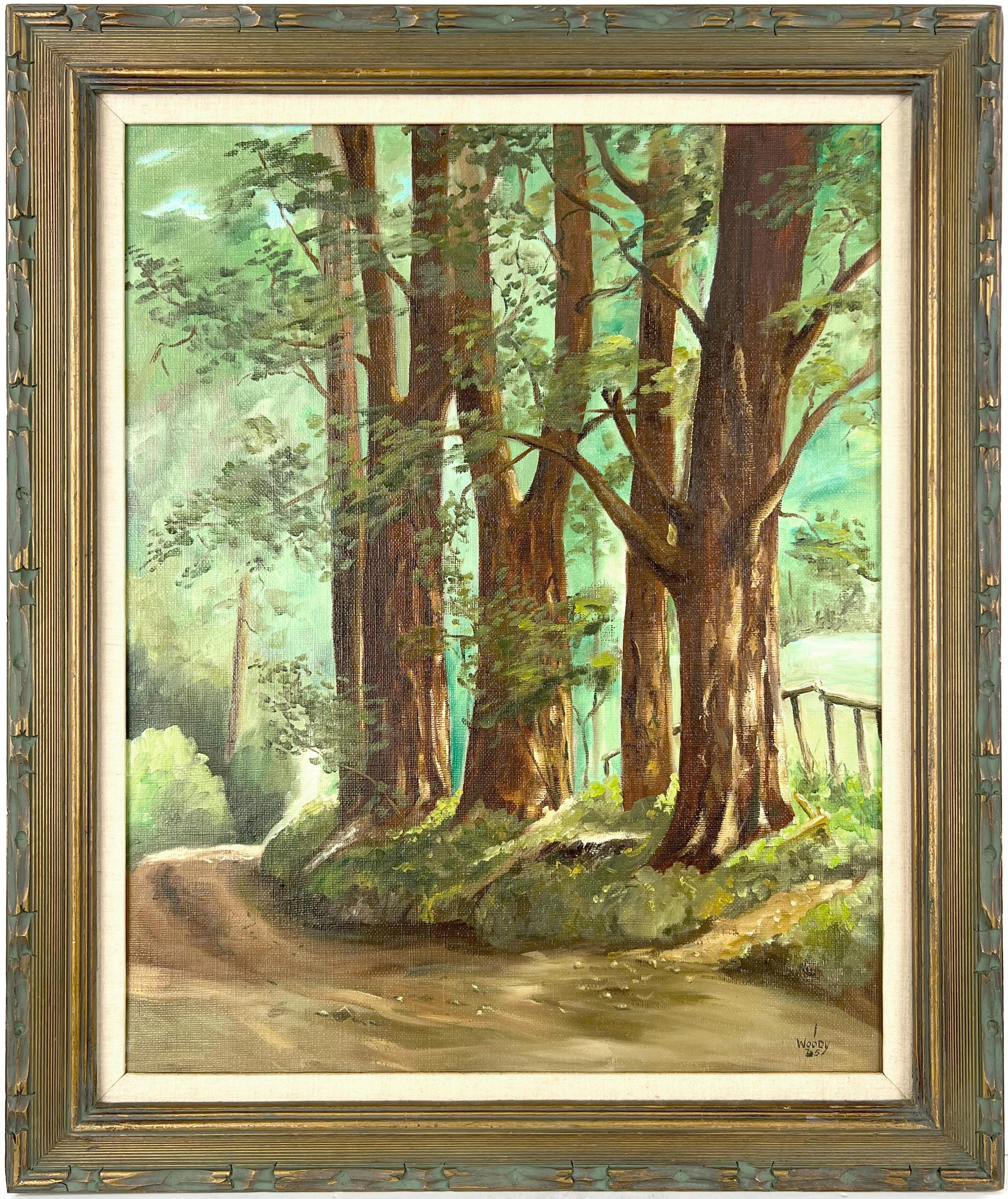 Gorman Woody Landscape Painting – Originales Ölgemälde „Back Road“ California Redwoods Santa Cruz County 