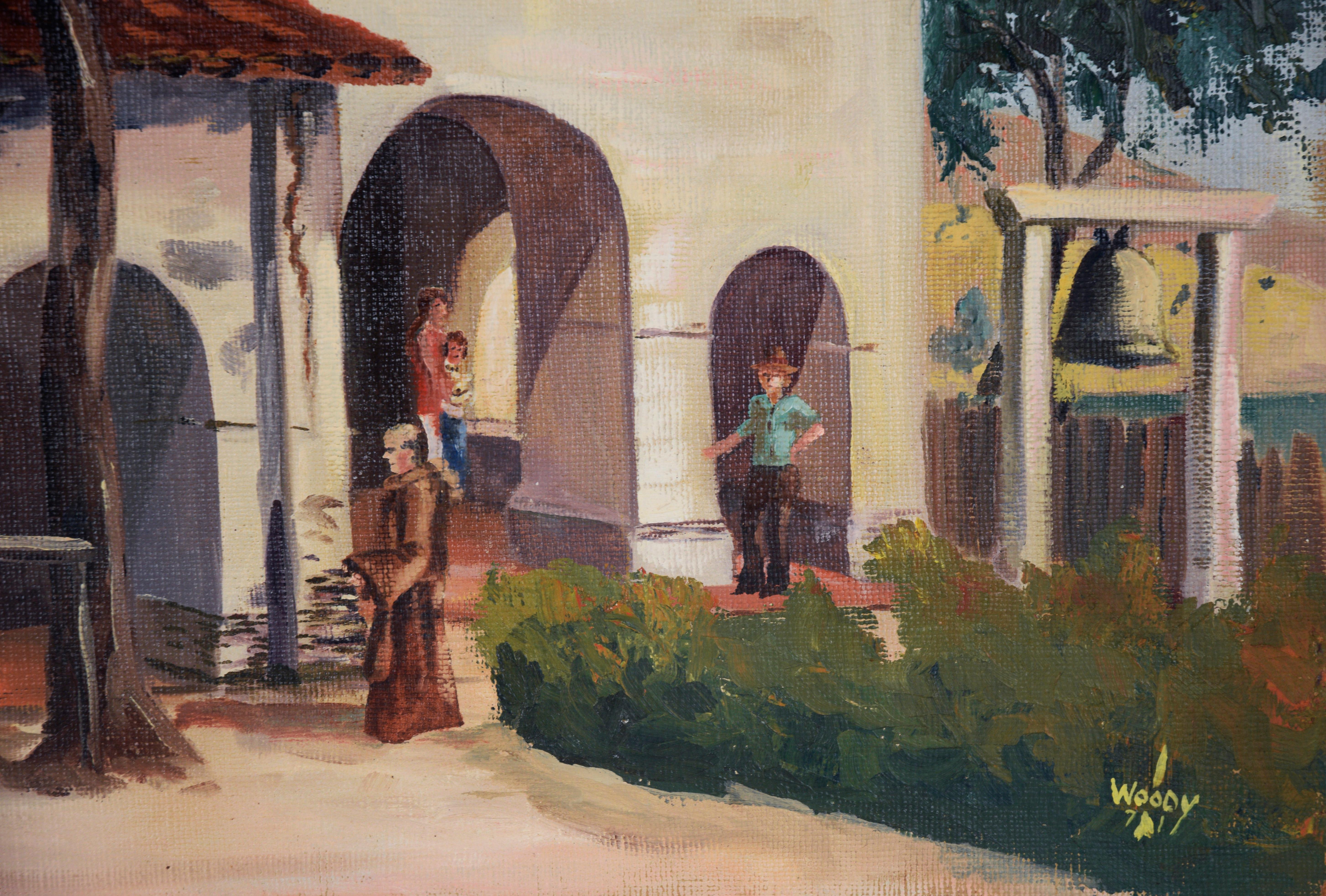 Mission San Juan Bautista, 1971 - Original Oil Painting

Oil painting of Mission San Juan Bautista by Gorman Woody (American, 1907-2000). The viewer looks towards the front of the Mission, where vibrant green trees stand tall. People can be seen
