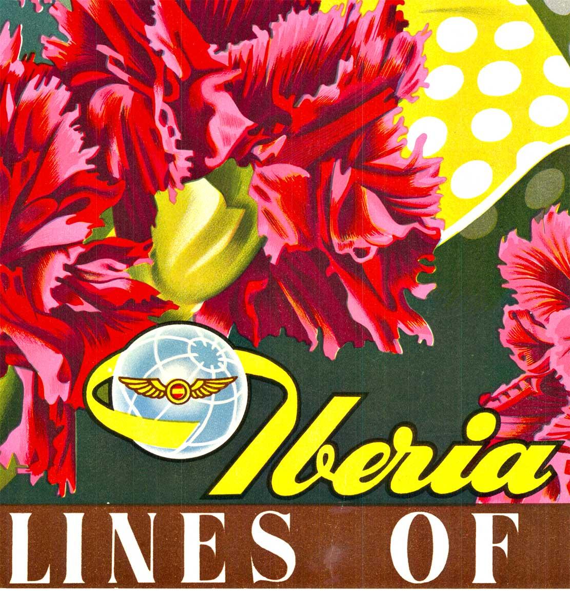 Originale dell'Andalusia, Spagna. Poster di viaggio vintage di Iberia Airlines.     Una ballerina di fenicotteri alza la mano in aria mentre l'aereo Iberia Constellation vola sopra di noi. Garofani rosa-rossastri sono in primo piano in questo