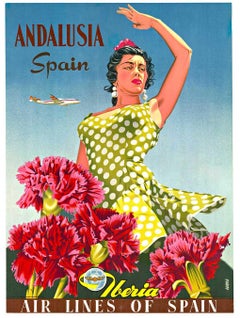 Cartel original de época Andalucía España Iberia Air Lines Constellation