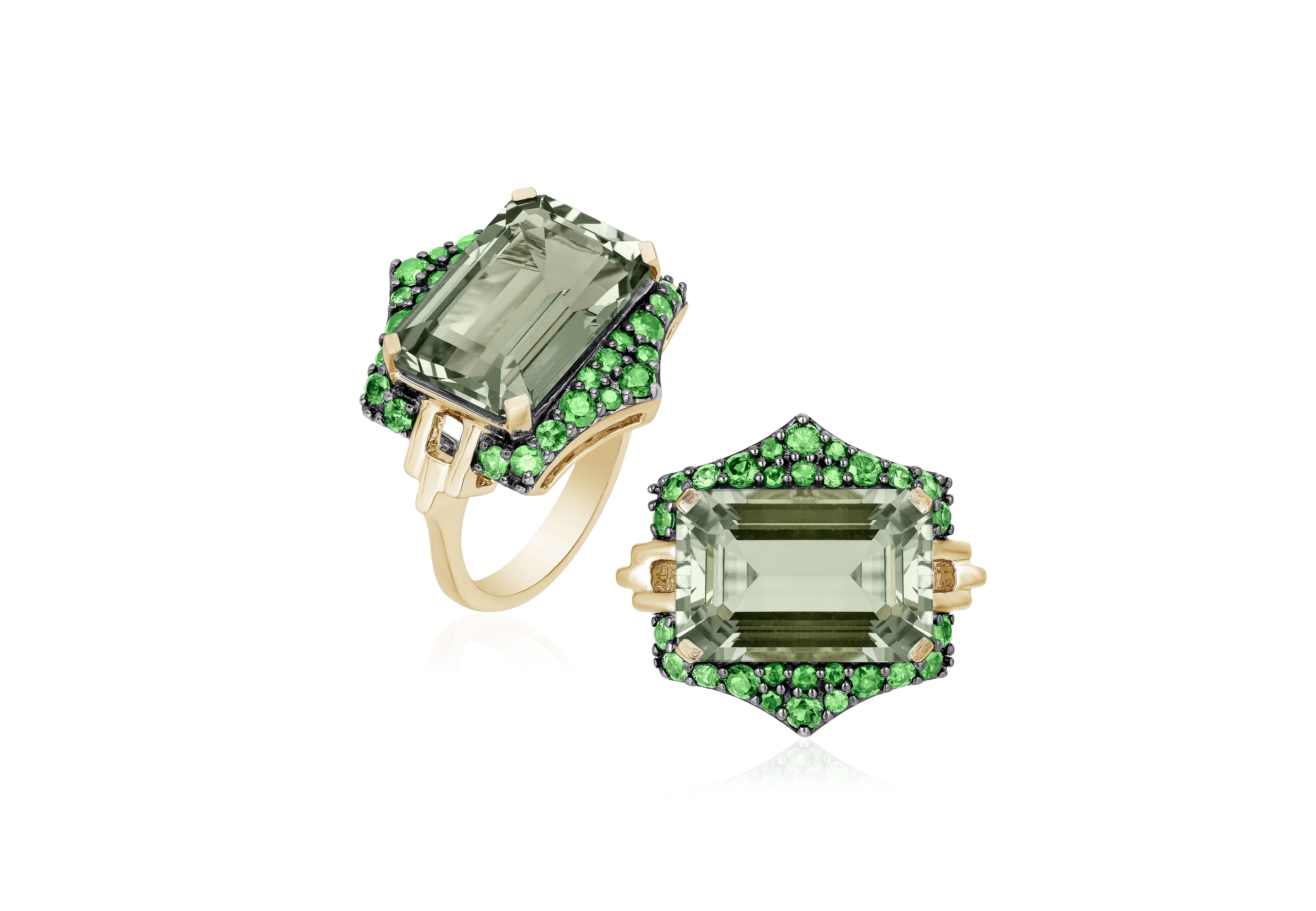 Prasiolite and Tsavorite Ring in 18K Yellow Gold and Light Black Rhodium, from 'Rain-Forest' Collection
Stone Size: 15 x 10 mm
Gemstone Approx. Wt Prasiolite- 6.80 Carats
                                    Tsavorite - 0.92 Carats