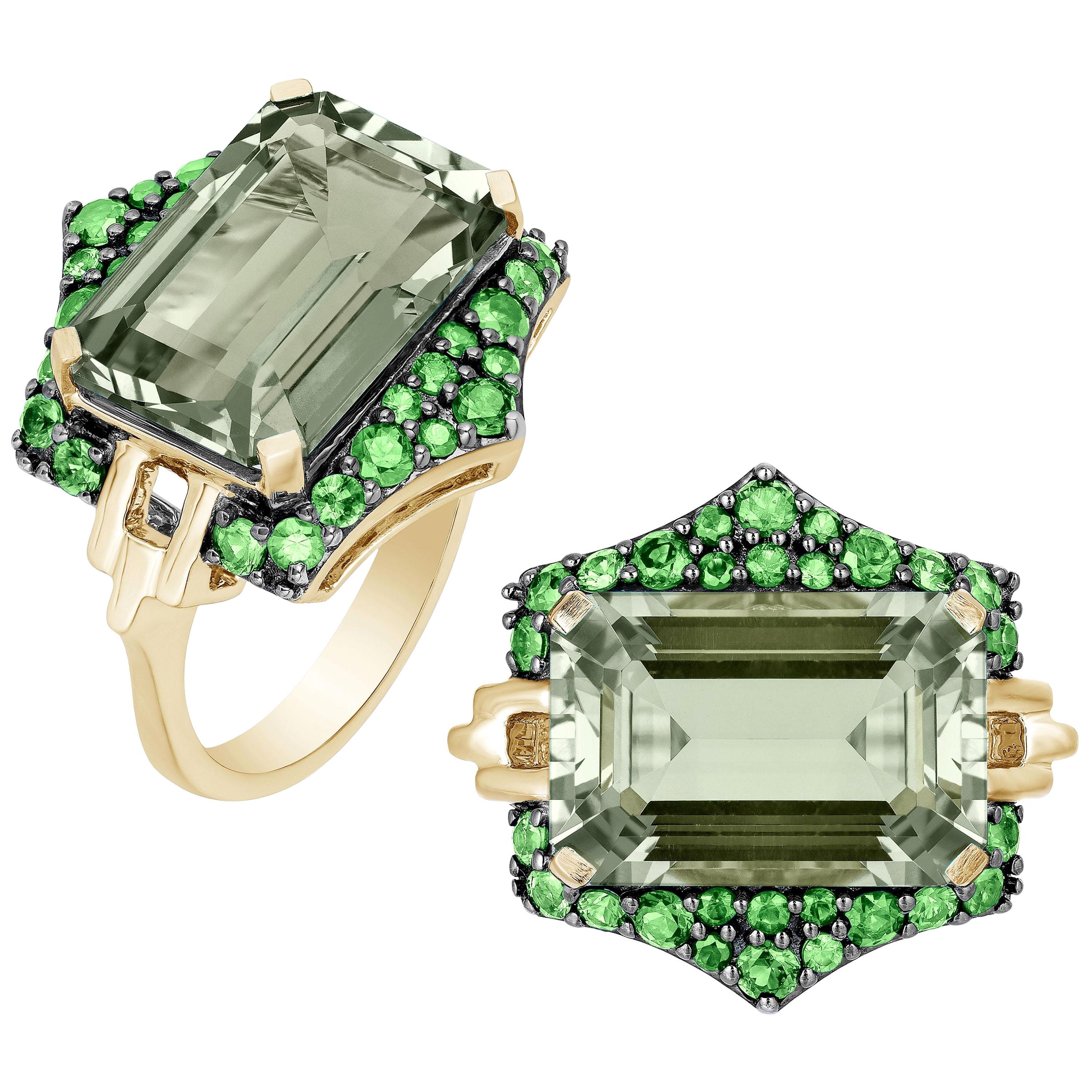 Gosahwara Emerald Cut Prasiolite And Tsavorite Ring For Sale