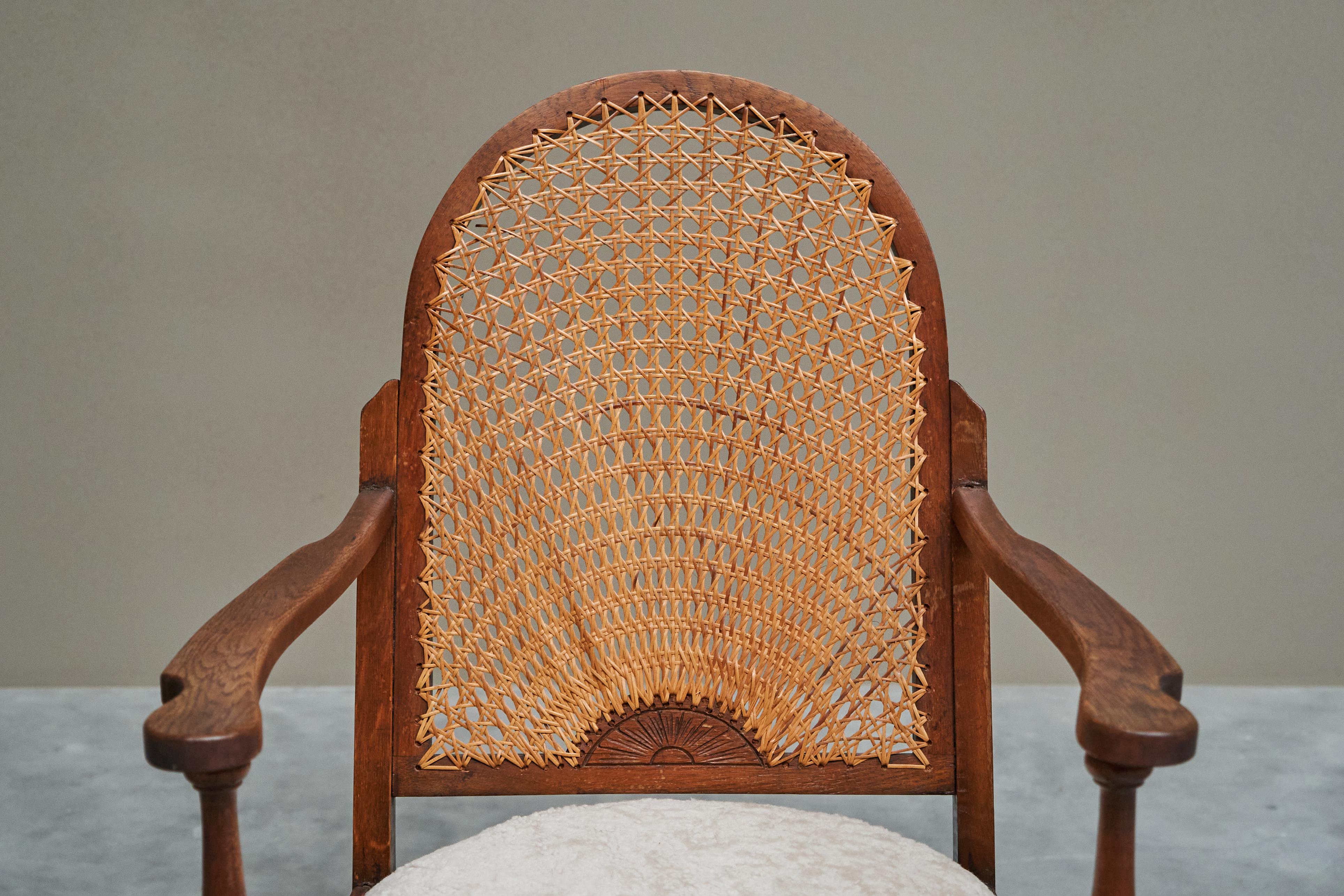 Chaise longue 'Gościcino' en chêne massif, sangles et laine Pologne années 1930 Bon état - En vente à Meer, VAN